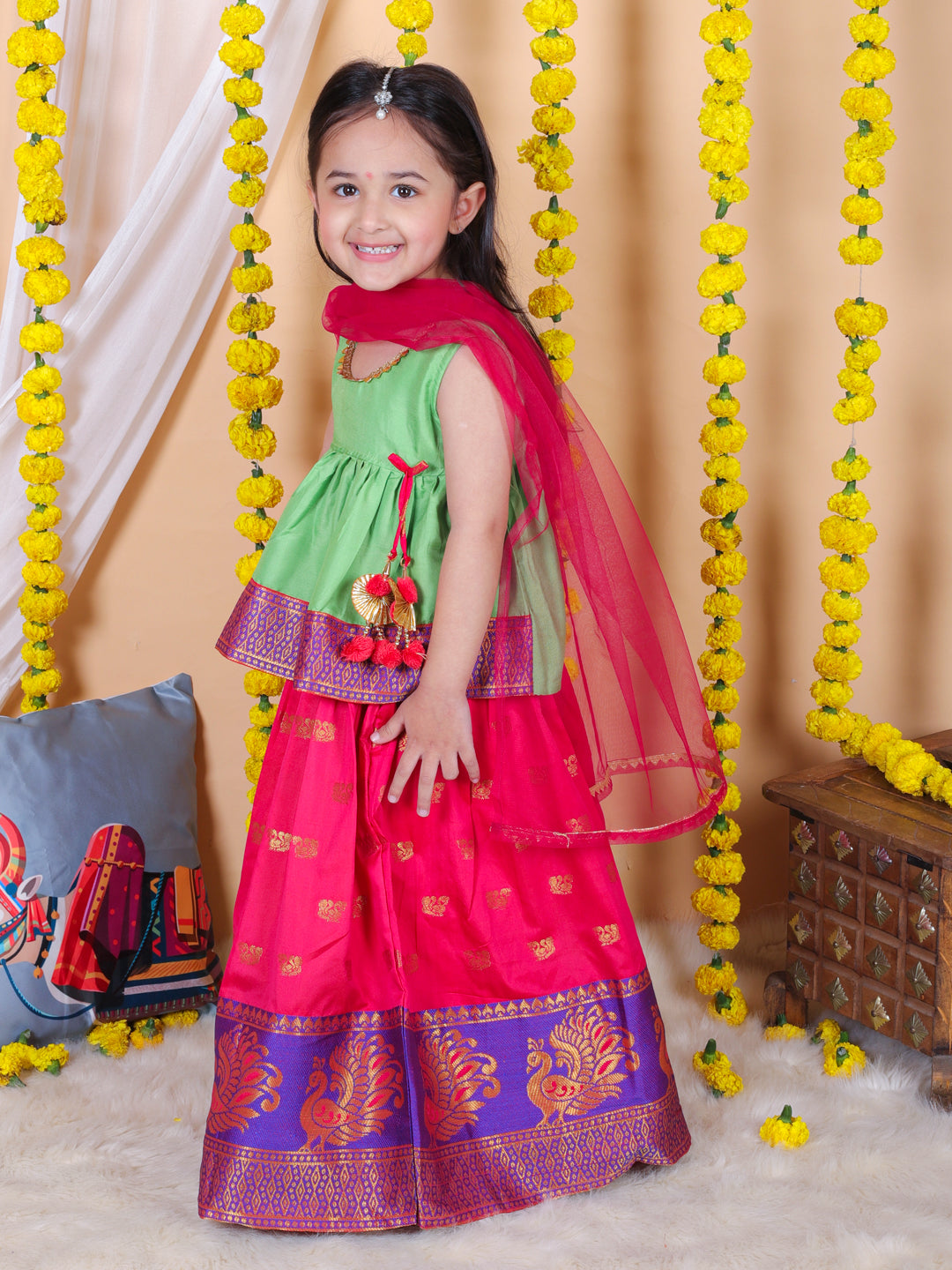 BownBee Girls Jacquard Lehenga with Flared Choli with Dupatta- Green
