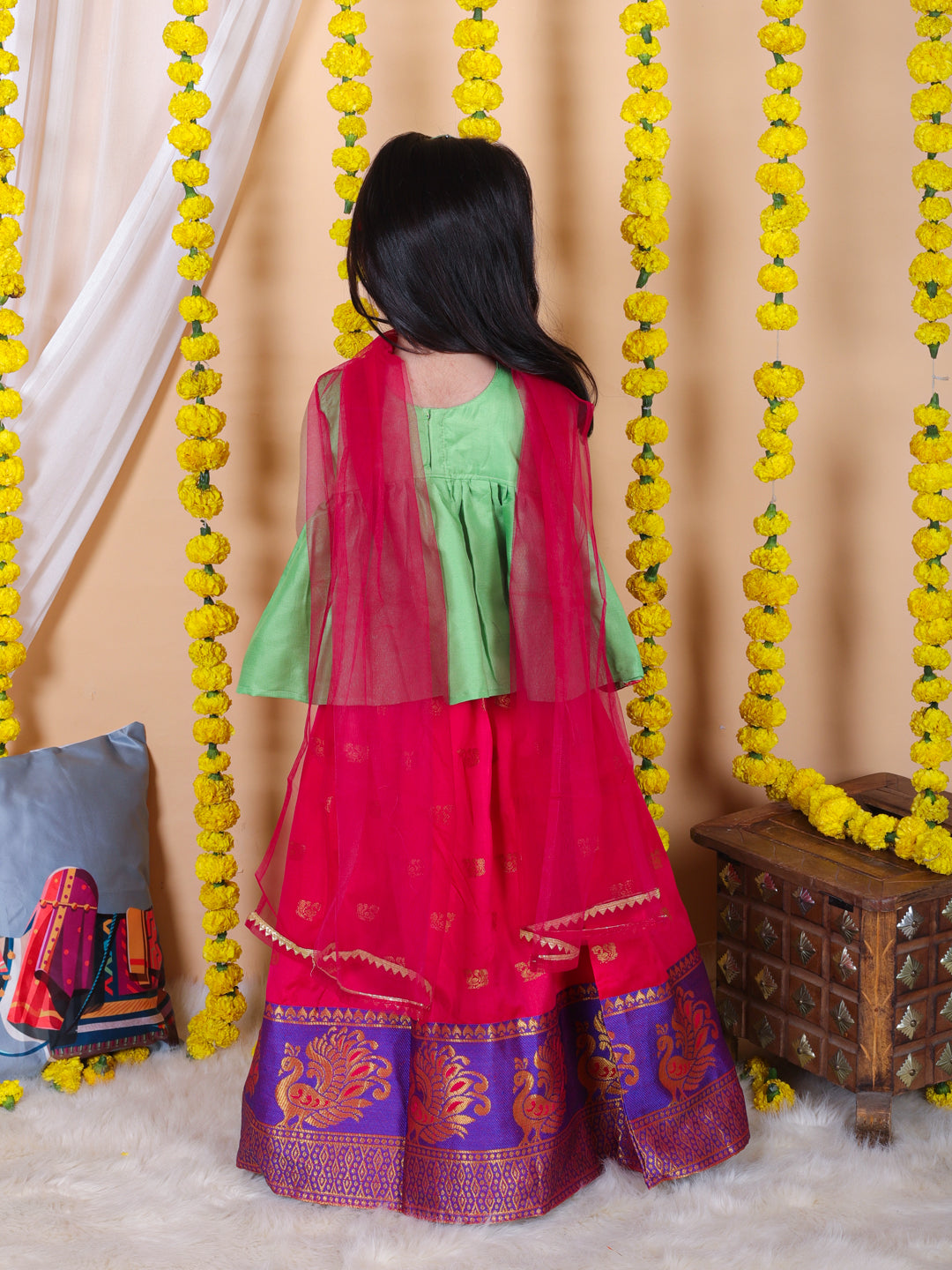 BownBee Girls Jacquard Lehenga with Flared Choli with Dupatta- Green