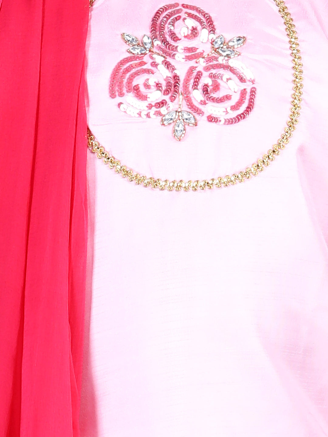 BownBee Rose Hand Embroidered Sleeveless Silk Kurti & Salwar Set With Dupatta - Pink