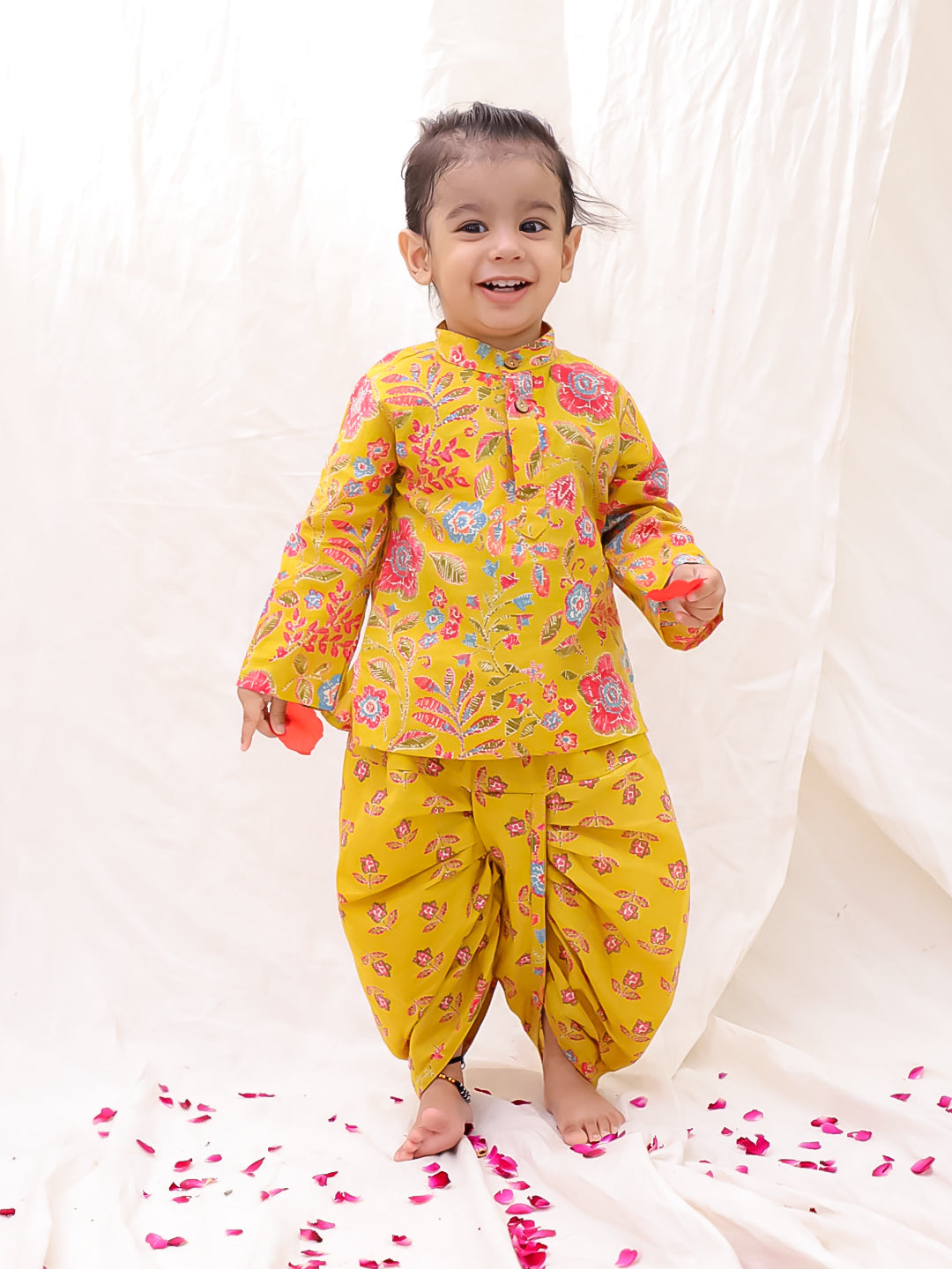 BownBee Short Pure Cotton Dhoti Kurta Set For Infant Boys - Yellow