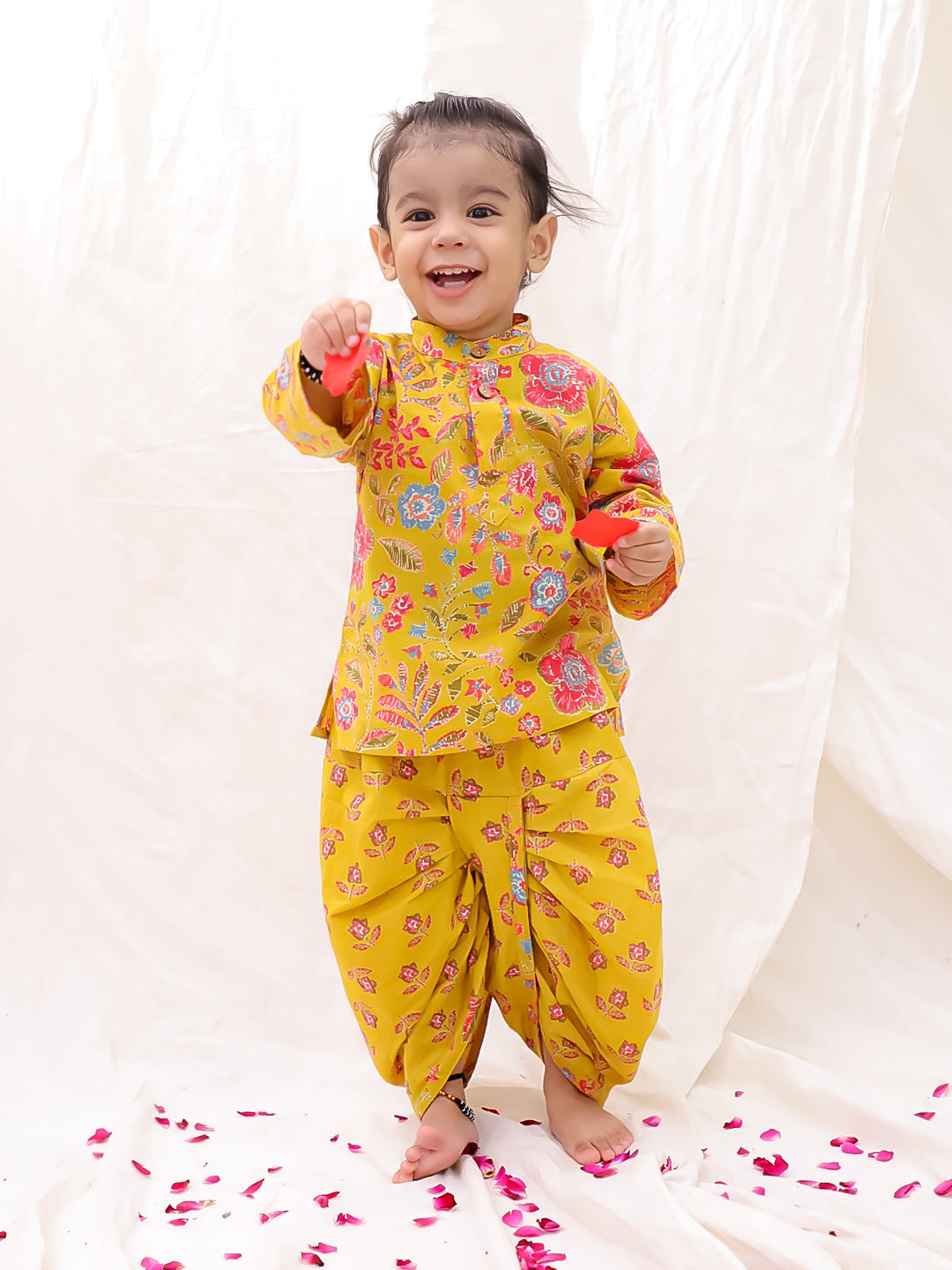 BownBee Short Pure Cotton Dhoti Kurta Set For Infant Boys - Yellow