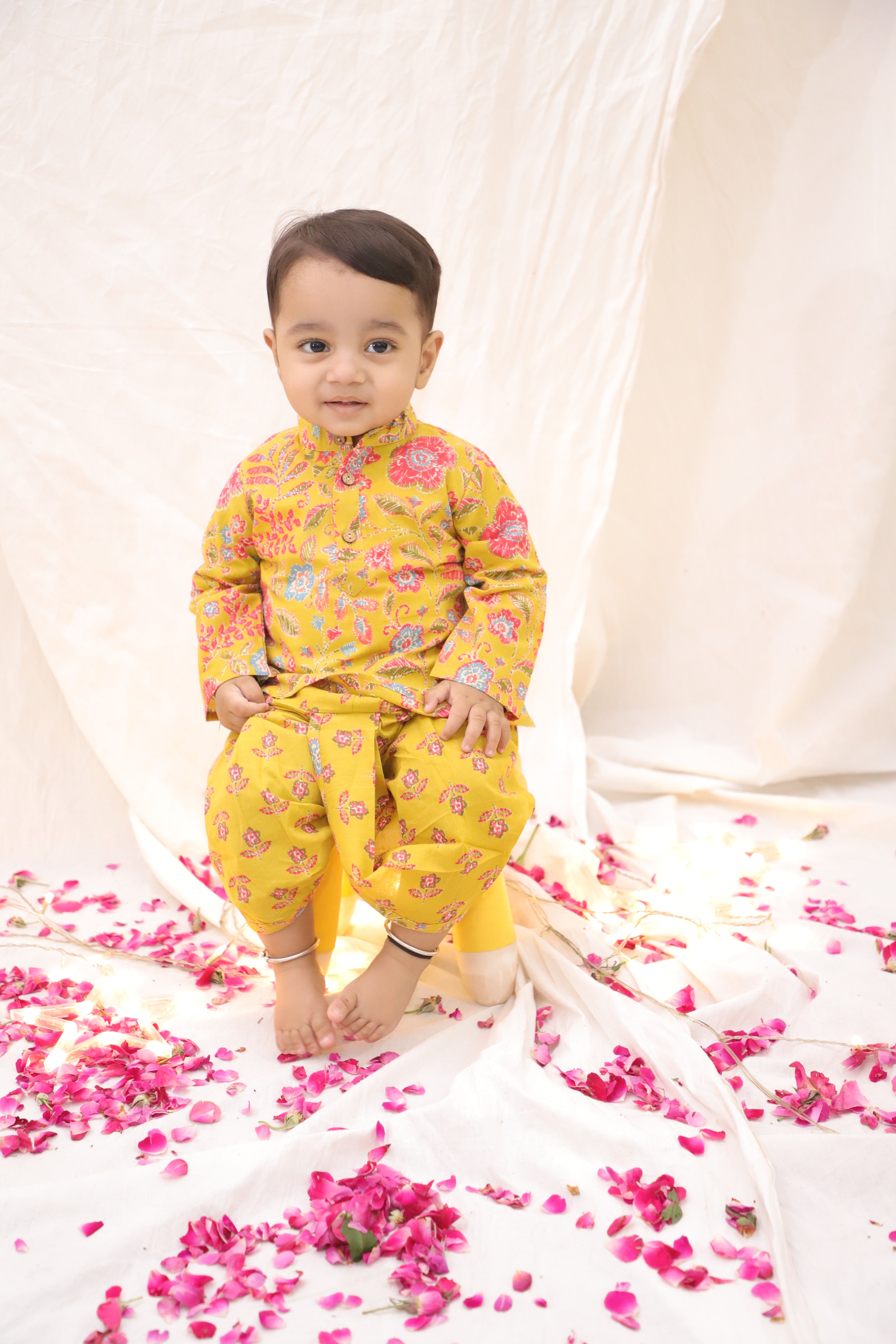 BownBee Short Pure Cotton Dhoti Kurta Set For Infant Boys - Yellow