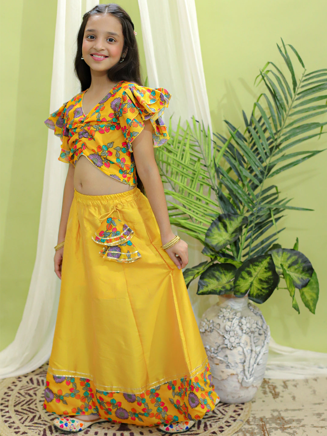 BownBee Chanderi Floral Top with Lehenga for Girls- Yellow