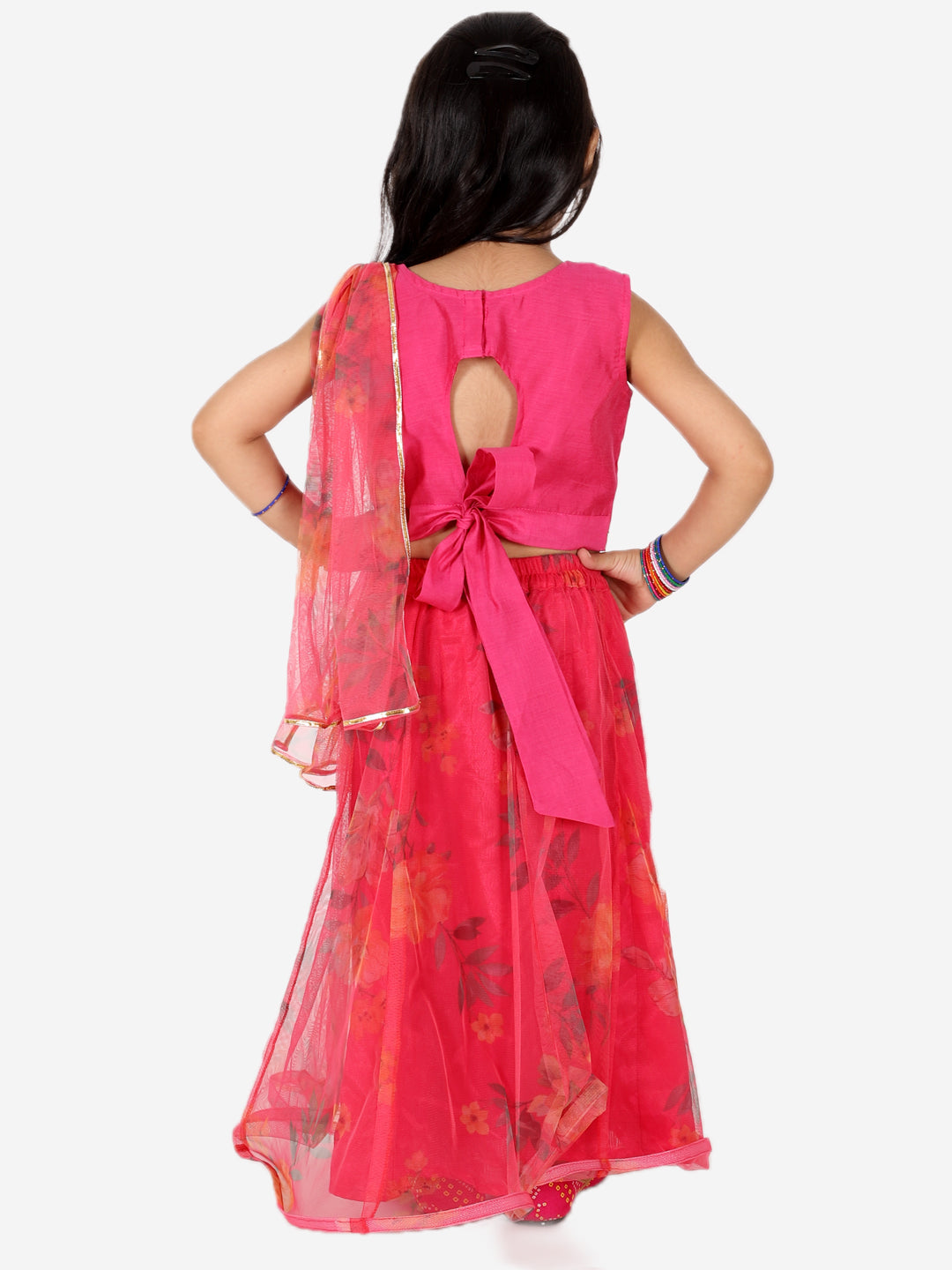BownBee Girls Chanderi top with Floral Net Lehenga with Attached Dupatta- Pink