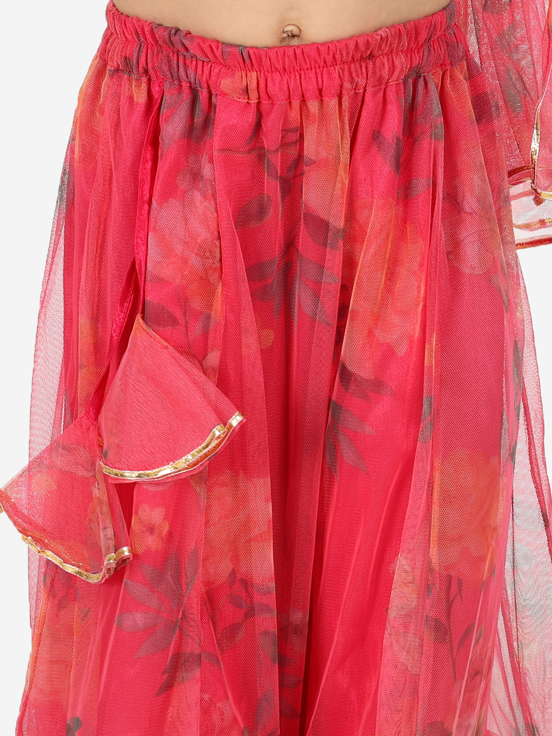 BownBee Girls Chanderi top with Floral Net Lehenga with Attached Dupatta- Pink
