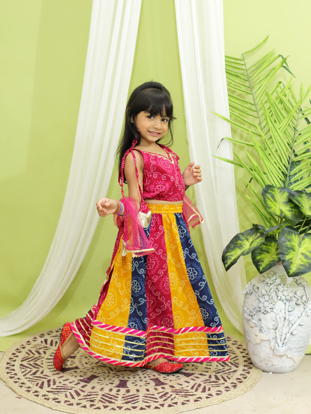 BownBee Bandhani Kali Lehenga with Choli and Dupatta for Girls- Pink