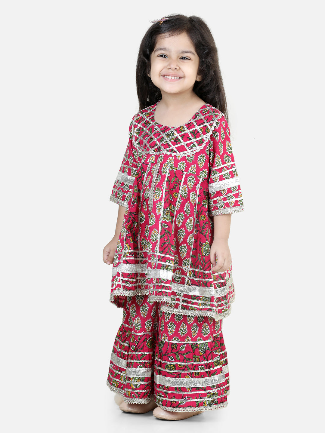 BownBee Sibling Pure Cotton Printed Kurta Sharara and Dhoti Kurta Set- Pink