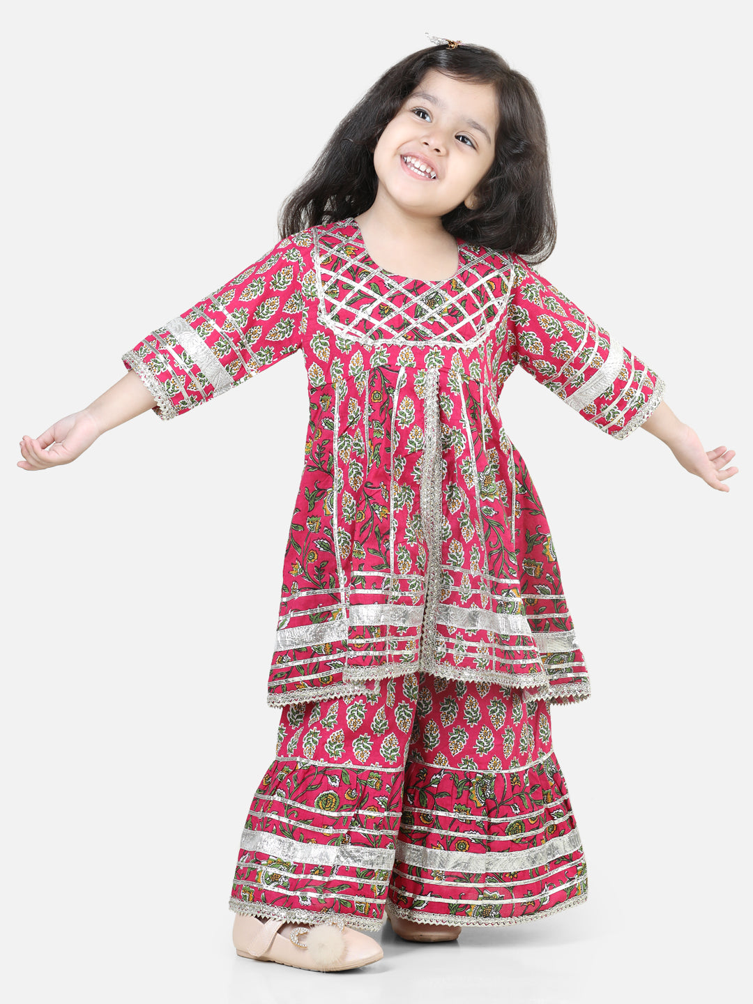 BownBee Sibling Pure Cotton Printed Kurta Sharara and Dhoti Kurta Set- Pink