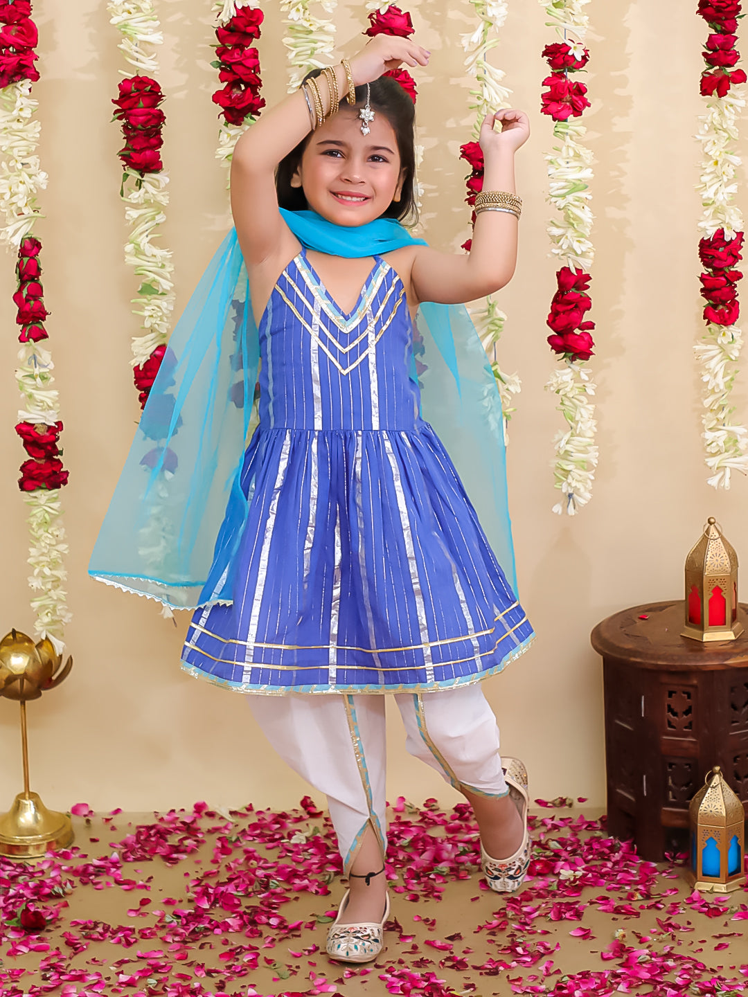 BownBee Pure Cotton Lurex Kurti with Dhoti & Dupatta Set for Girls | Kids Ethnic Wear - White