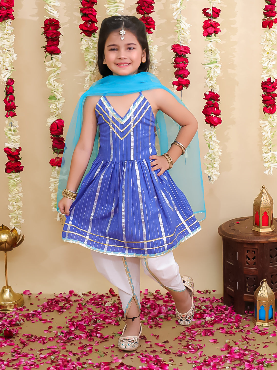 BownBee Pure Cotton Lurex Kurti with Dhoti & Dupatta Set for Girls | Kids Ethnic Wear - White