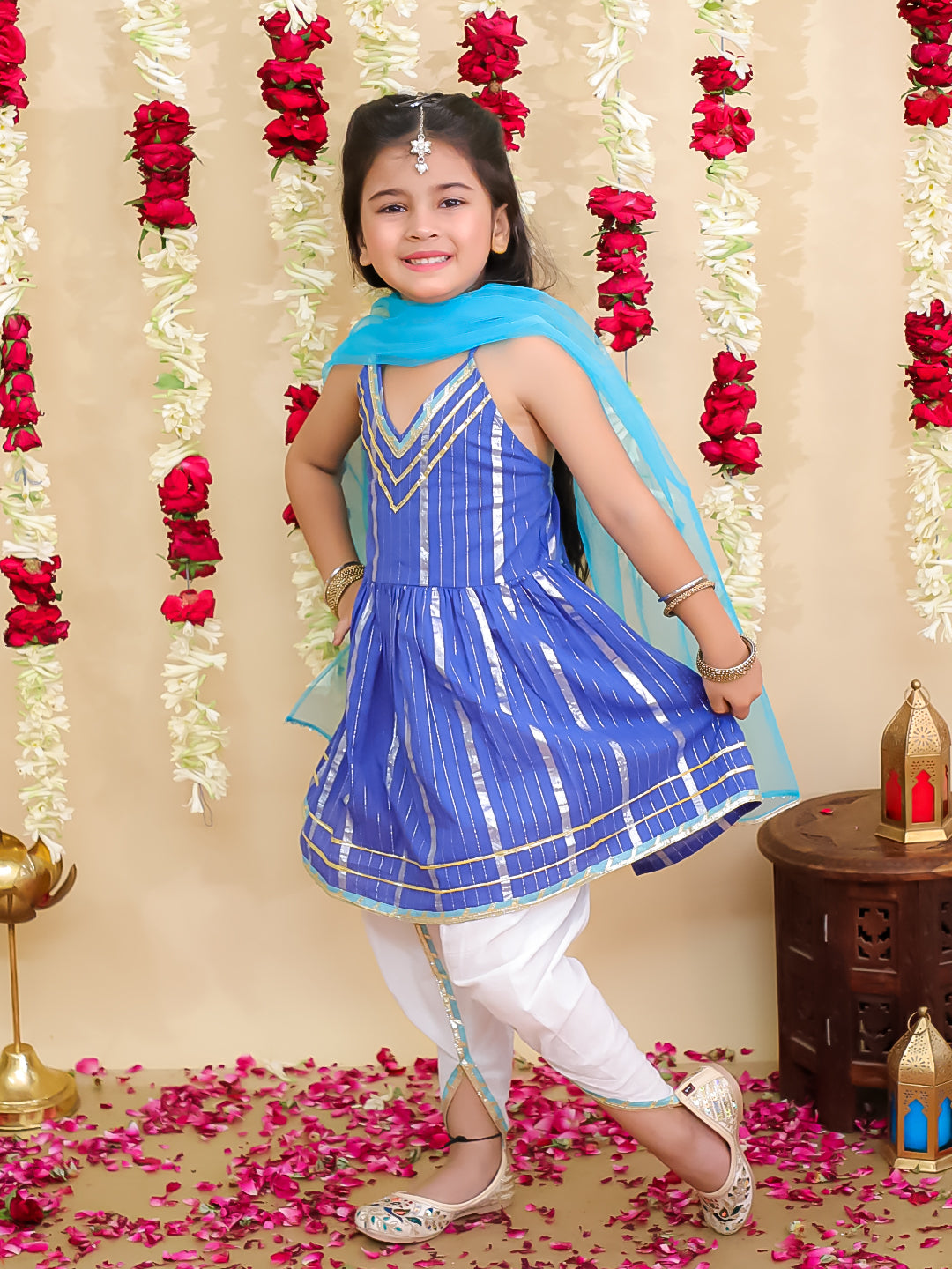 BownBee Pure Cotton Lurex Kurti with Dhoti & Dupatta Set for Girls | Kids Ethnic Wear - White