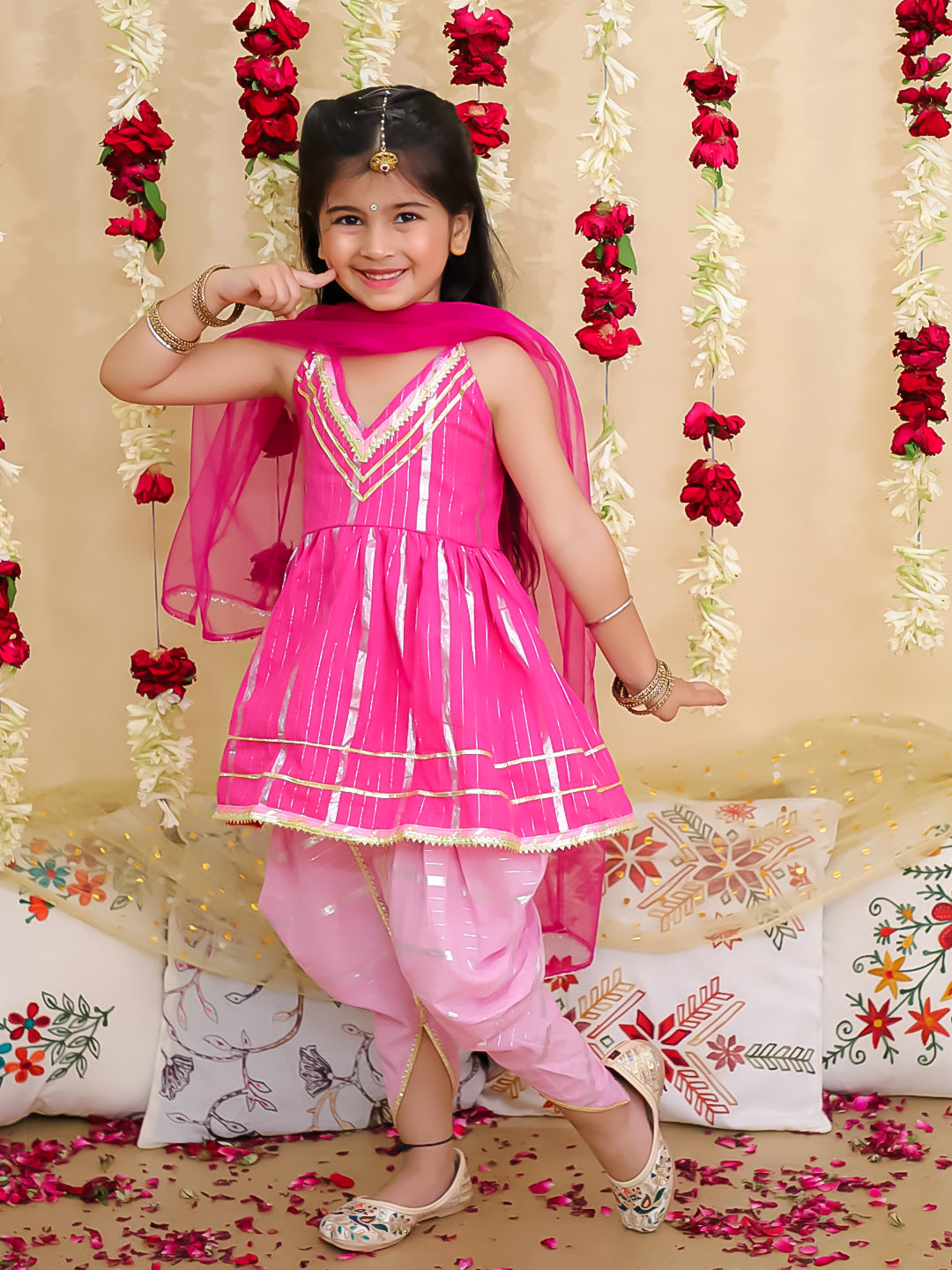 BownBee Pure Cotton Lurex Kurti with Dhoti & Dupatta Set for Girls | Kids Ethnic Wear - White