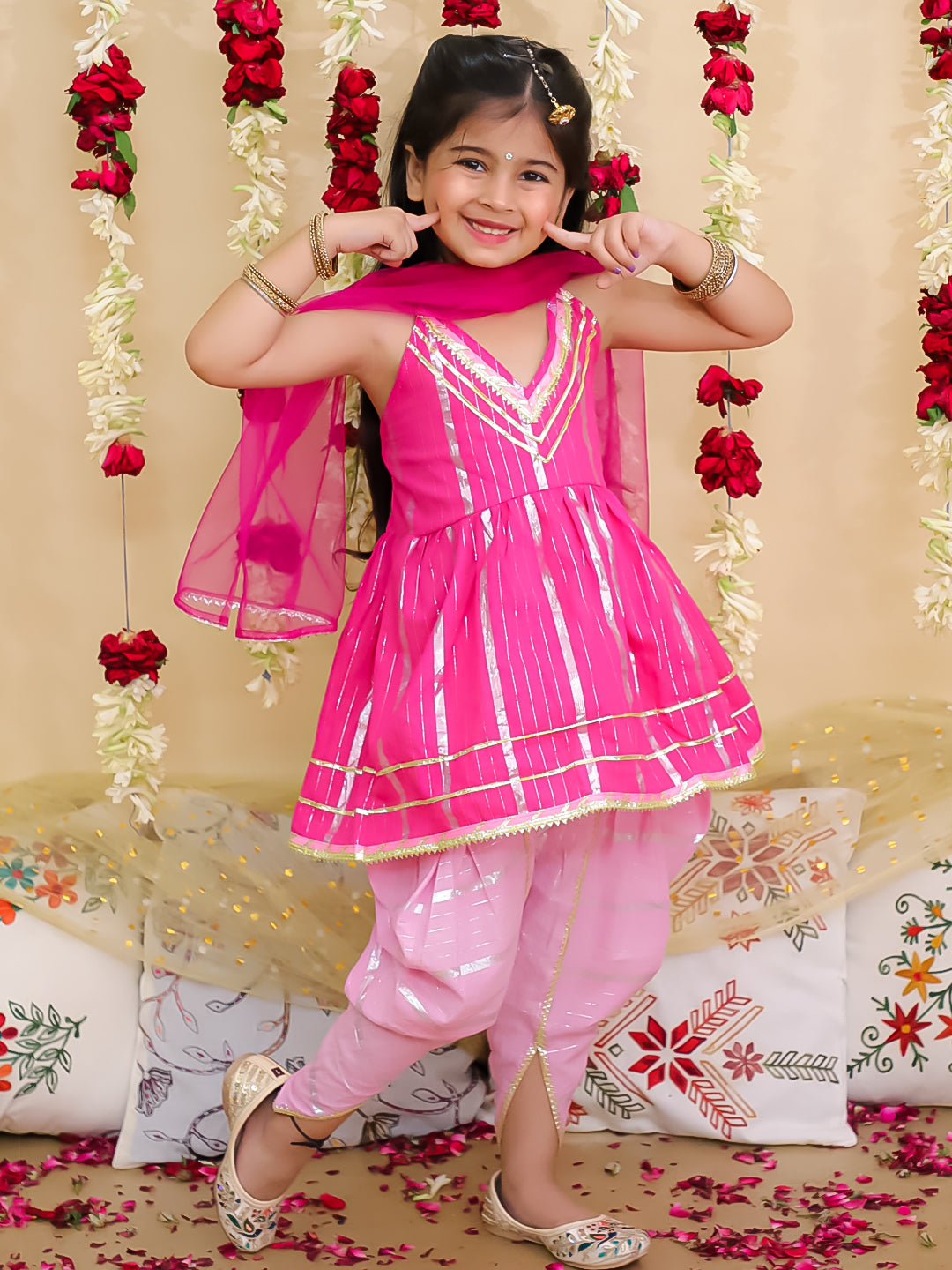 BownBee Pure Cotton Lurex Kurti with Dhoti & Dupatta Set for Girls | Kids Ethnic Wear - White