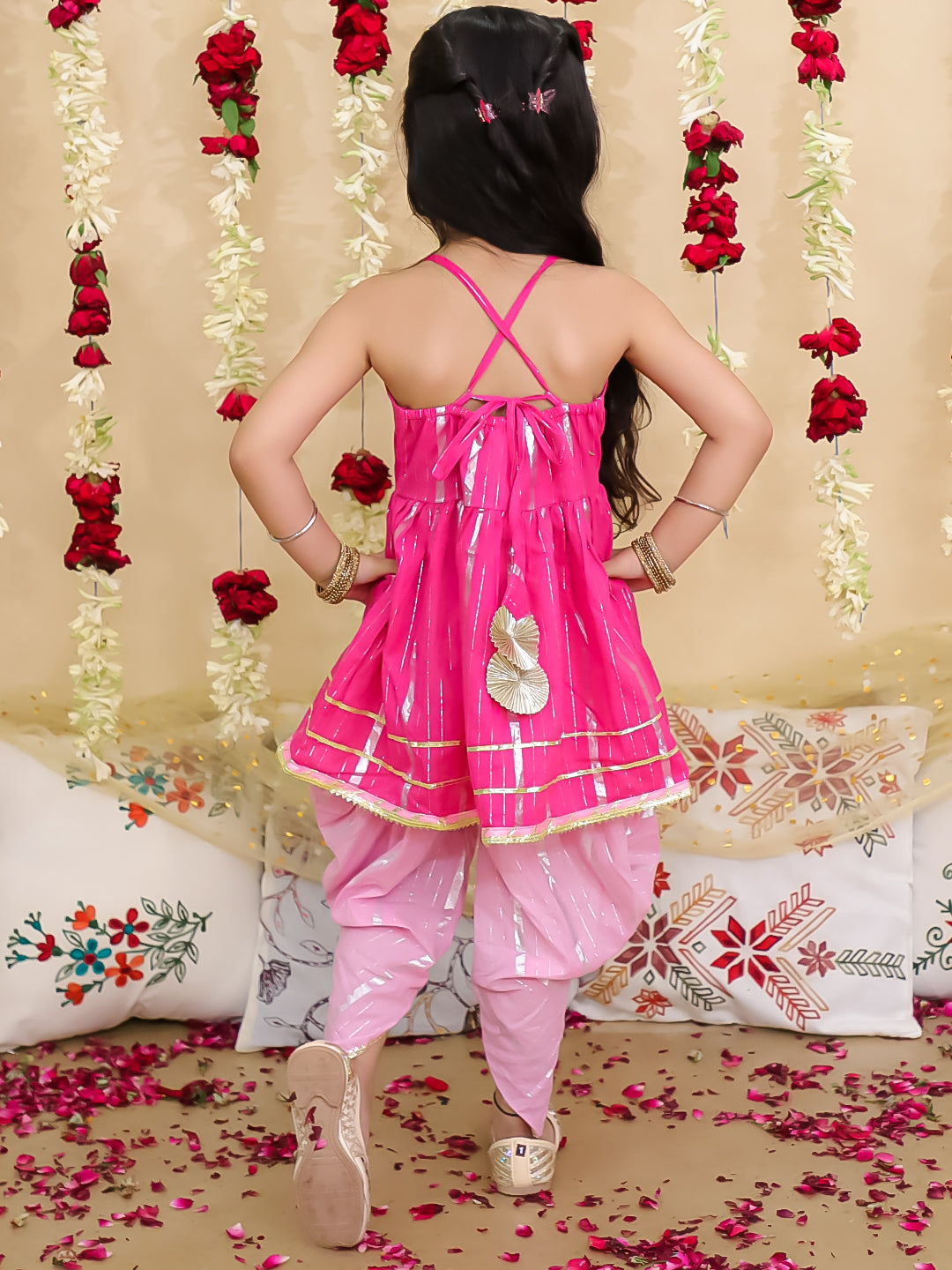 BownBee Pure Cotton Lurex Kurti with Dhoti & Dupatta Set for Girls | Kids Ethnic Wear - White