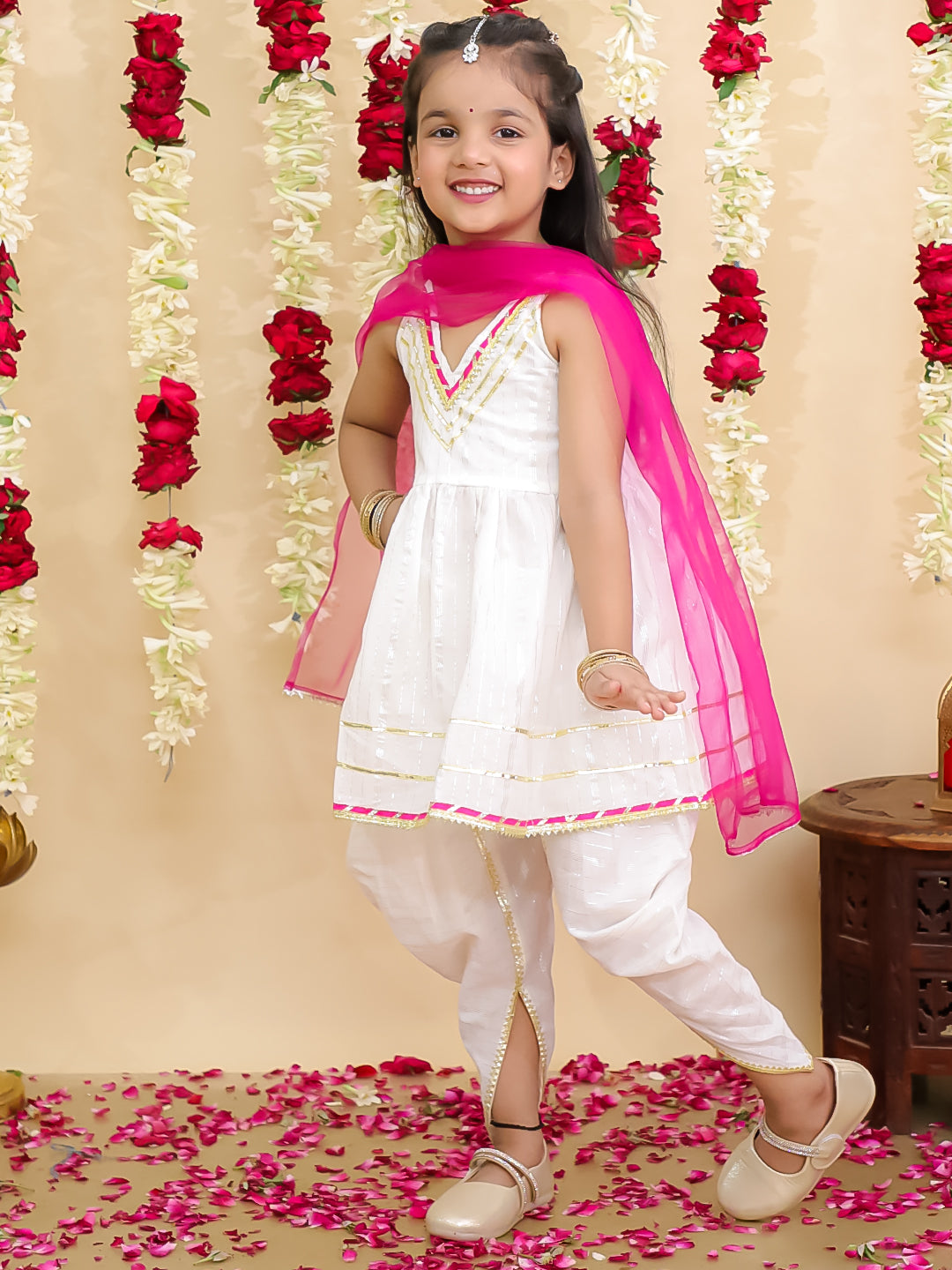 BownBee Pure Cotton Lurex Kurti with Dhoti & Dupatta Set for Girls | Kids Ethnic Wear - White