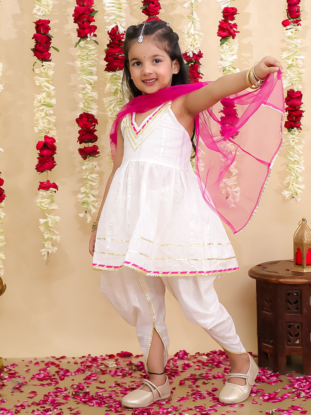 BownBee Pure Cotton Lurex Kurti with Dhoti & Dupatta Set for Girls | Kids Ethnic Wear - White
