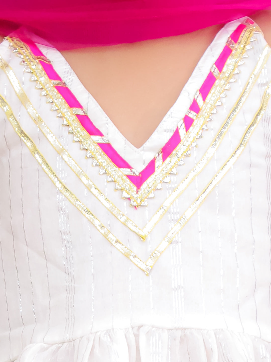 BownBee Pure Cotton Lurex Kurti with Dhoti & Dupatta Set for Girls | Kids Ethnic Wear - White