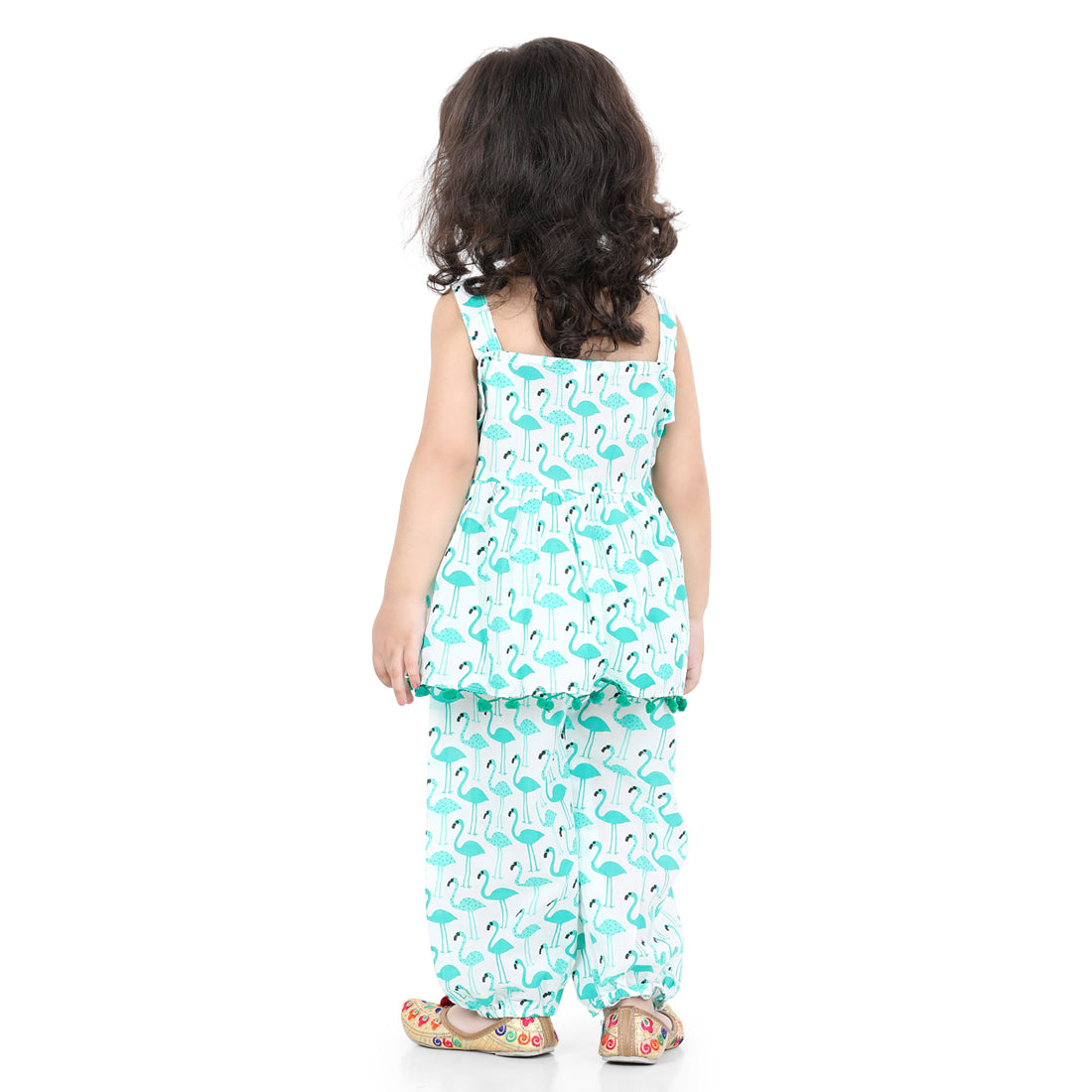 BownBee Girls Flamingo Print Pure Cotton Top Harem Clothing Set- Green
