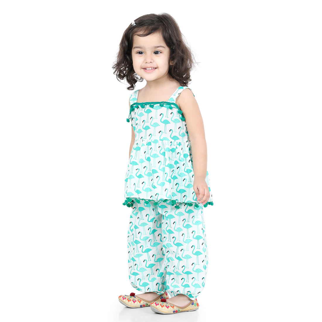 BownBee Girls Flamingo Print Pure Cotton Top Harem Clothing Set- Green