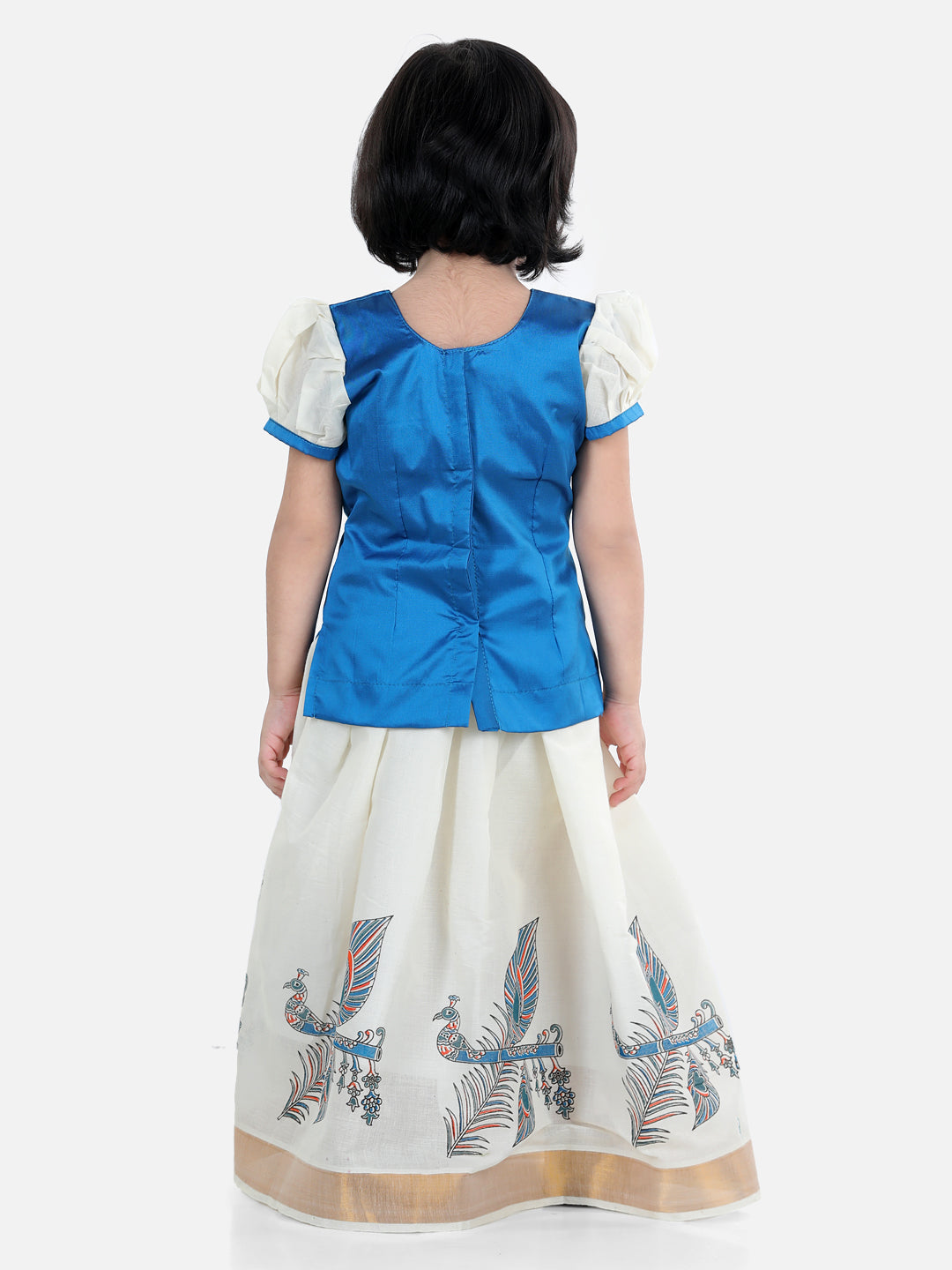 BownBee Half Sleeves Peacock Feather And Flute Print Pattu Pavadai Choli And Lehenga - Blue And White