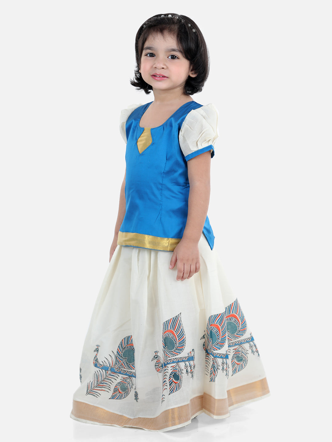 BownBee Half Sleeves Peacock Feather And Flute Print Pattu Pavadai Choli And Lehenga - Blue And White