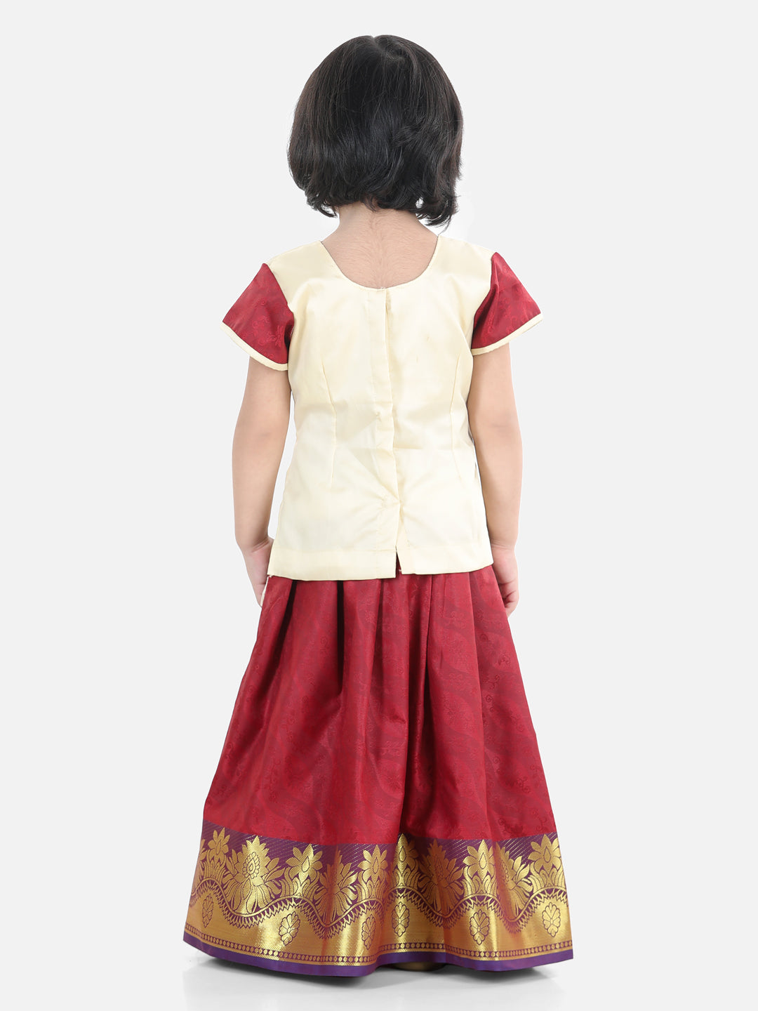 BownBee Half Sleeves Self Design Pattu Pavadai Choli And Lehenga - Cream And Maroon