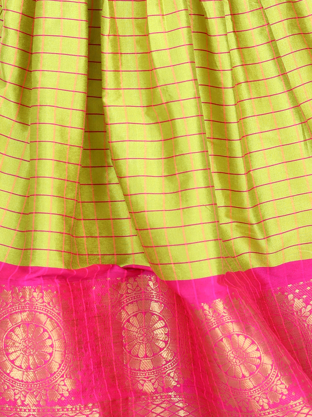 BownBee Half Sleeves South Indian Pavda Pattu Checks Heavy Hem Detailing Choli & Lehenga Set - Yellow
