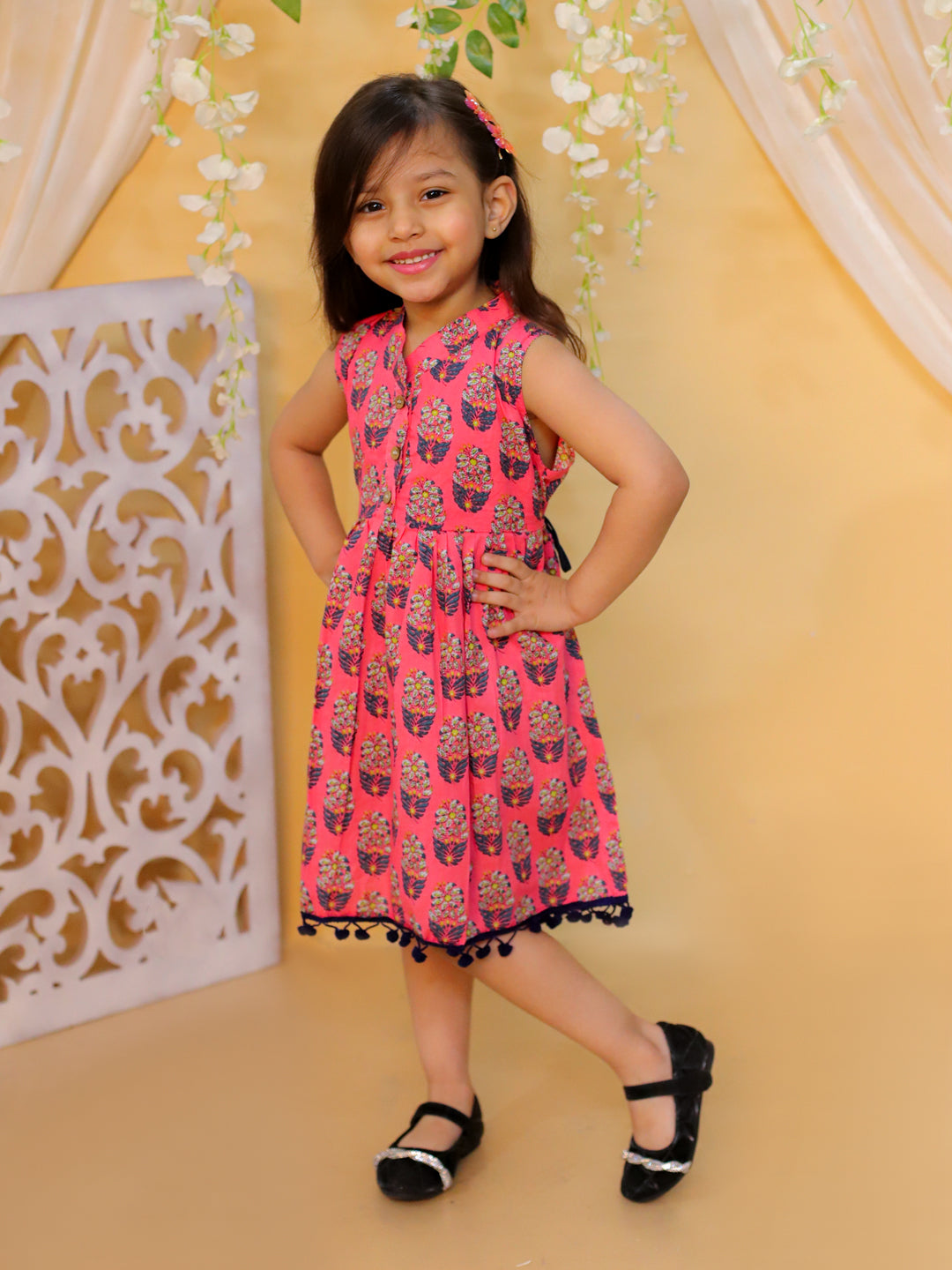 BownBee Summer Pure Cotton Printed Frock for Girls - Pink