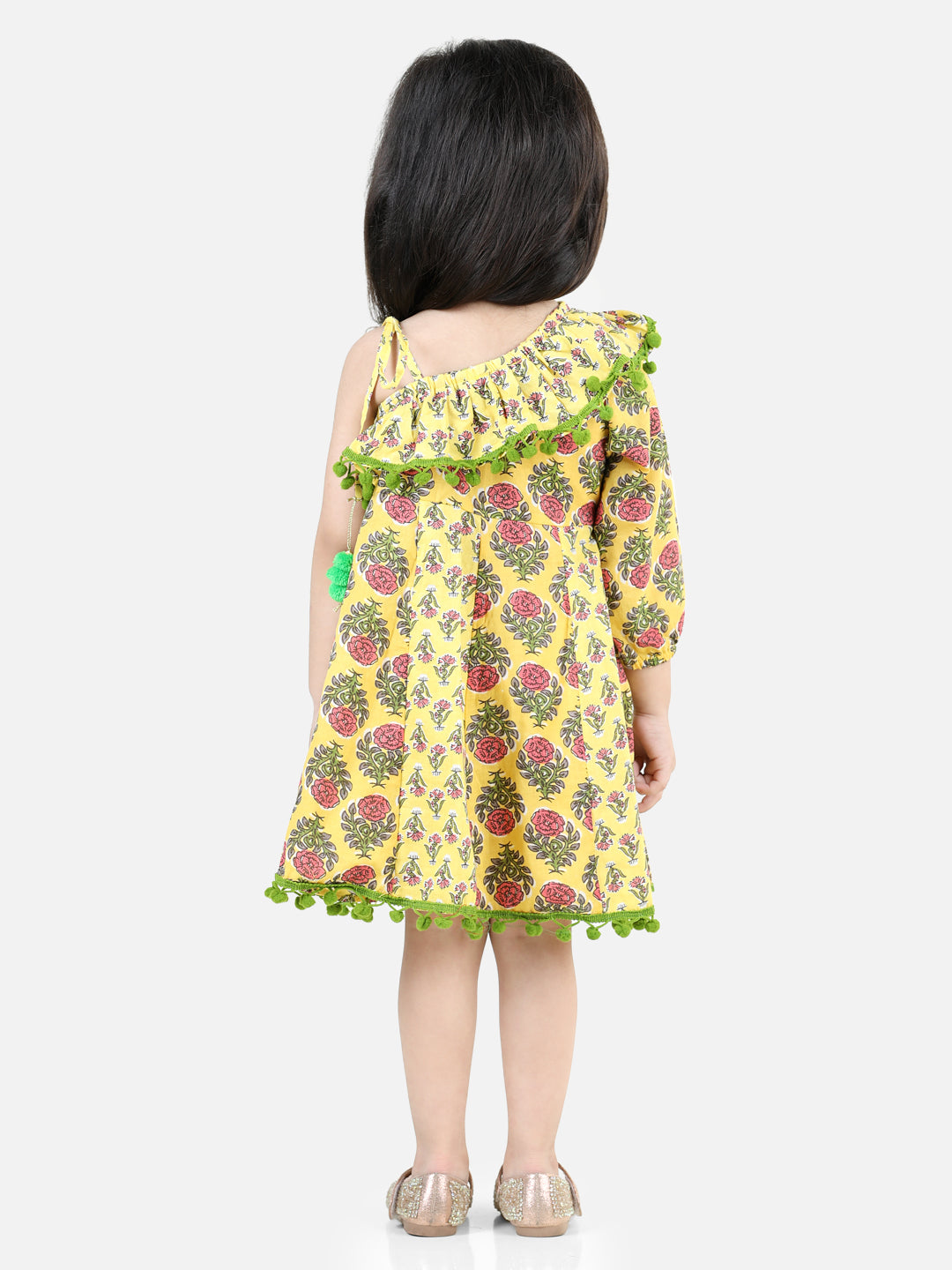 BownBee Pure Cotton Printed One Sleeve Ruffle Frock  and Dresses for Girls- Yellow