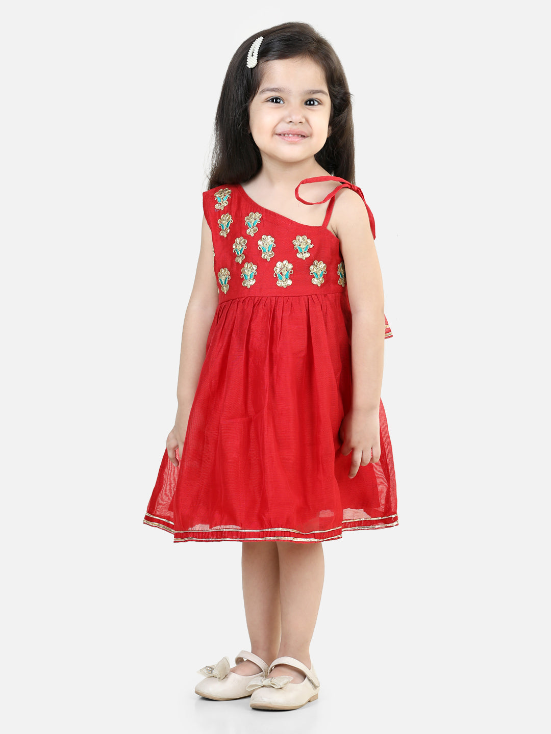 BownBee Girls Gota Patti Embroidery Chanderi Frock Party Dress - Red