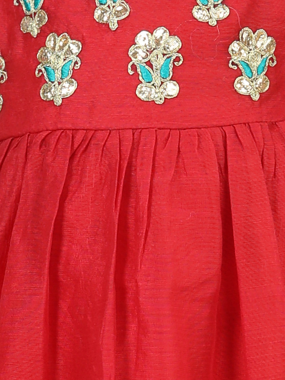 BownBee Girls Gota Patti Embroidery Chanderi Frock Party Dress - Red