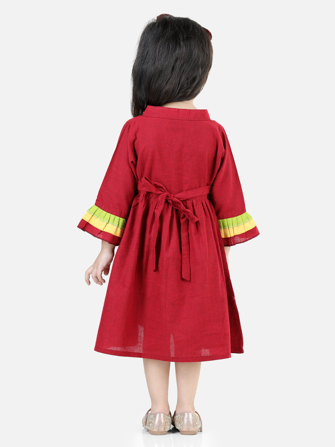 BownBee Multi Frill Cotton Frock with Headband for Girls- Maroon