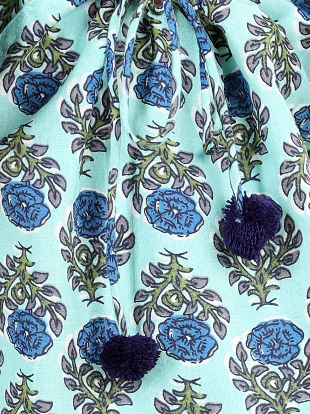 BownBee 100% Cotton Printed with Pompom Jhabla Frock for Girls - Light Blue