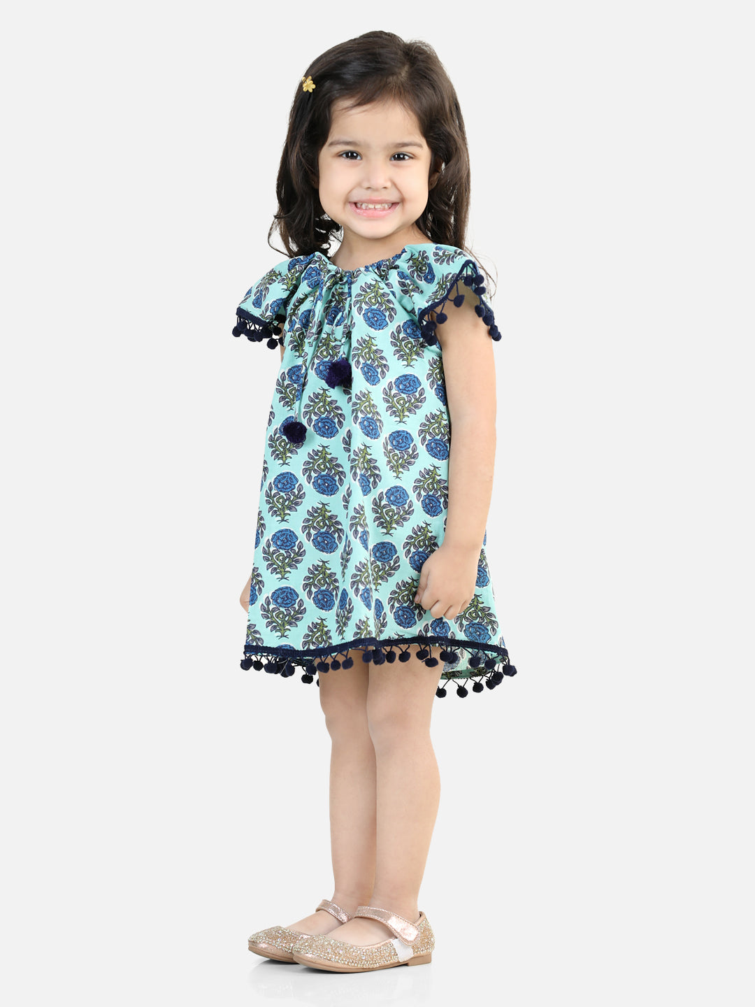 BownBee 100% Cotton Printed with Pompom Jhabla Frock for Girls - Light Blue