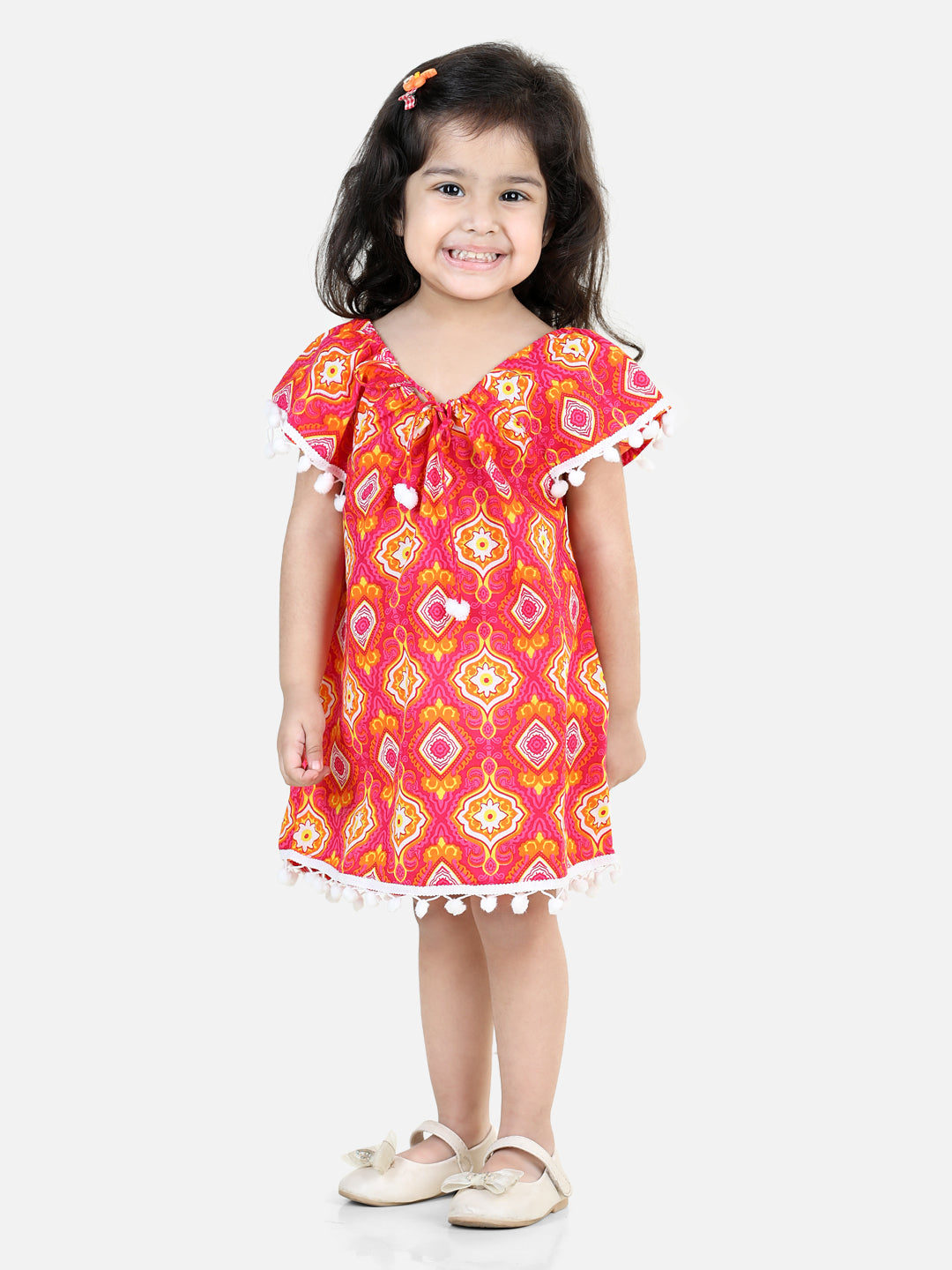 BownBee 100% Cotton Printed with Pompom Jhabla Frock for Girls- Pink