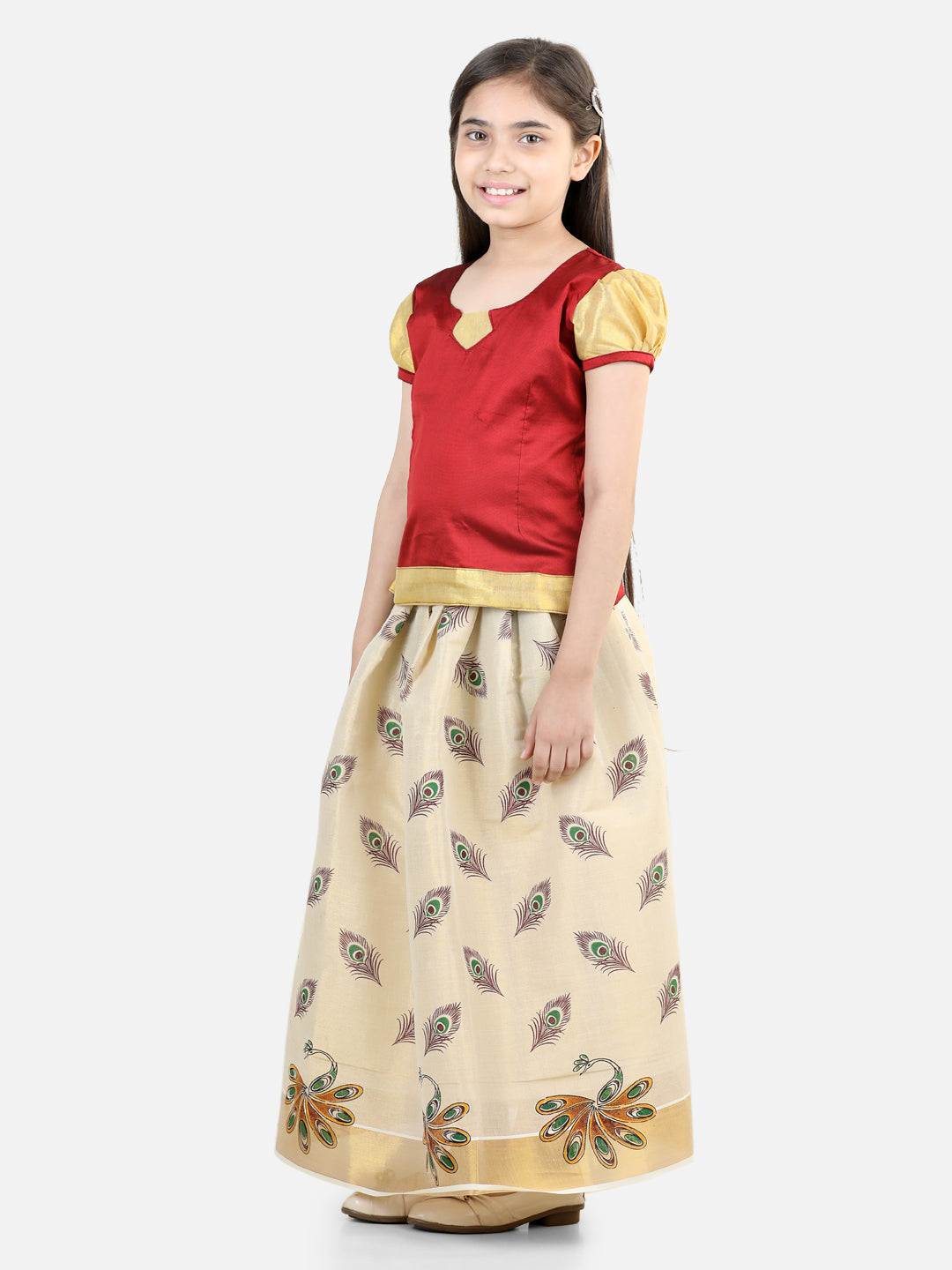 BownBee Silk Half Sleeves Motif Printed South Indian Pavda Pattu Lehenga Choli -Maroon