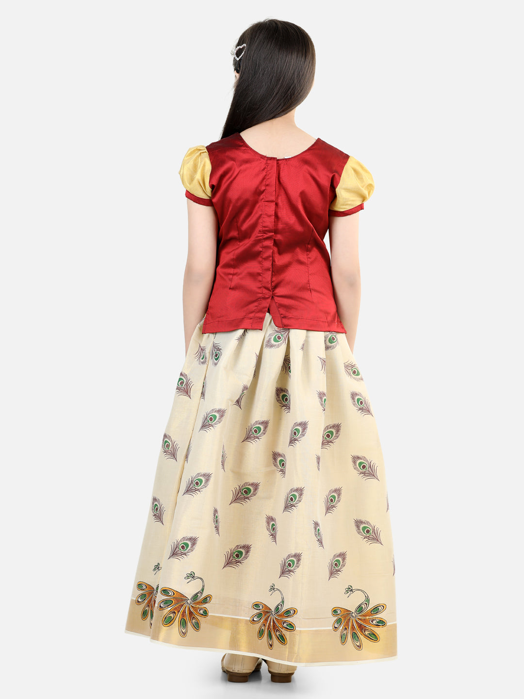 BownBee Silk Half Sleeves Motif Printed South Indian Pavda Pattu Lehenga Choli -Maroon