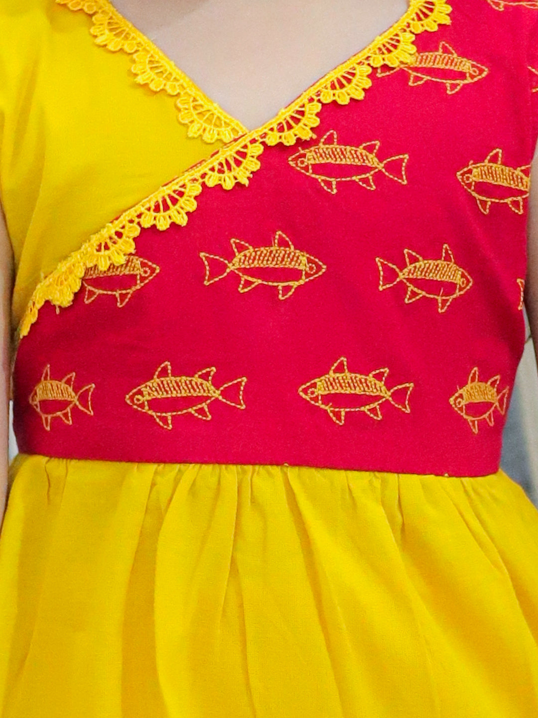 BownBee Pure Cotton Embroidered Summer Frock for Girls- Yellow