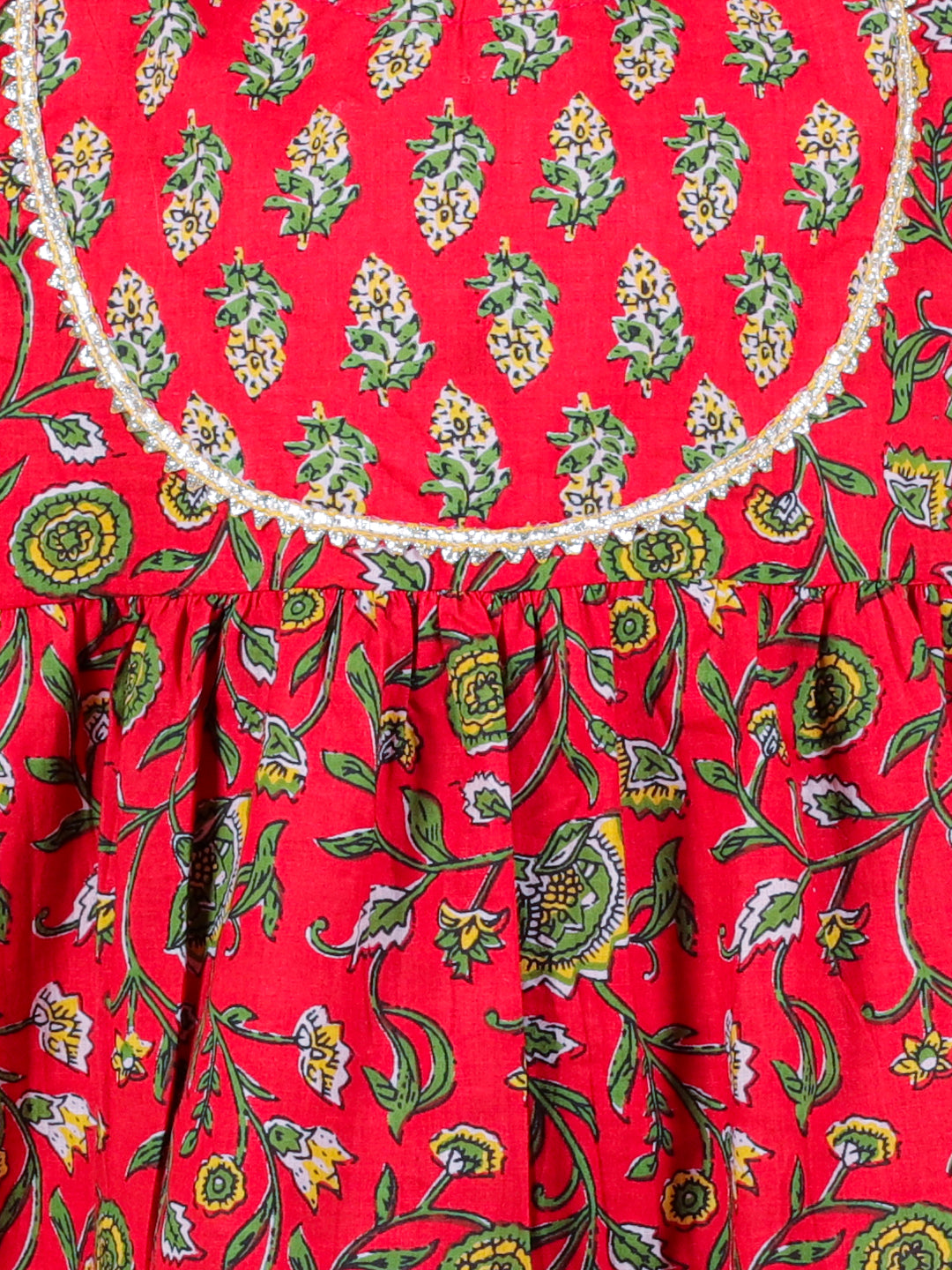 BownBee Girls Pure Cotton Floral Printed Top with Dhoti for Girls-Red