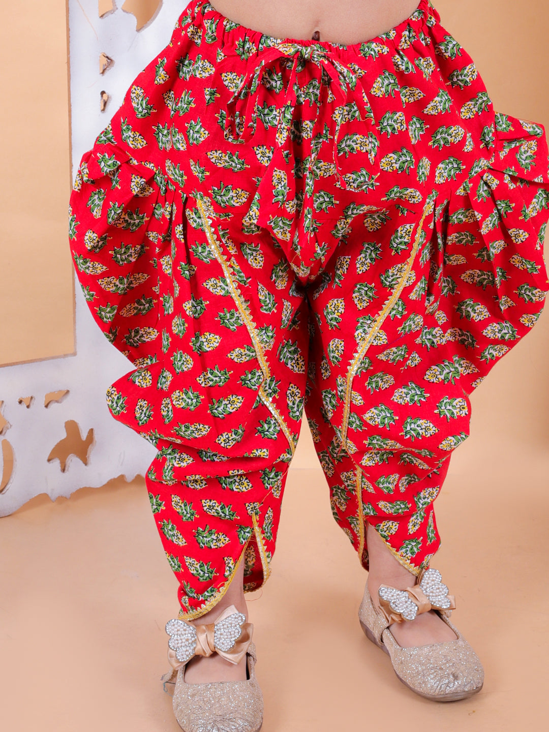 BownBee Girls Pure Cotton Floral Printed Top with Dhoti for Girls-Red