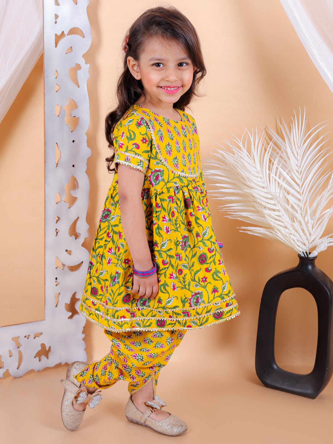 BownBee Girls Pure Cotton Floral  Printed Top with Dhoti for Girls-Yellow
