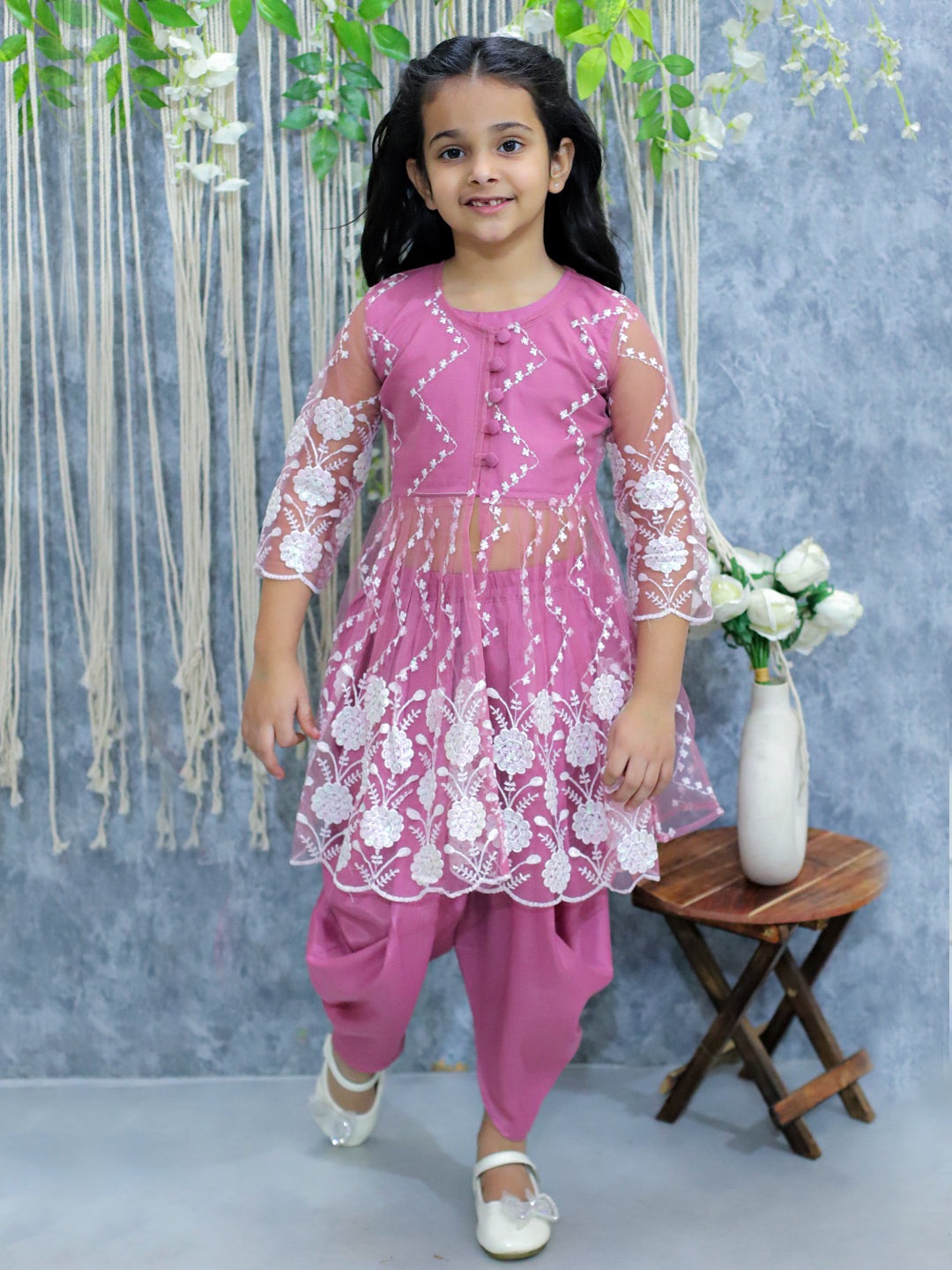 BownBee Embroidered Jacket with Top and Dhoti Set for Girls - Mauve