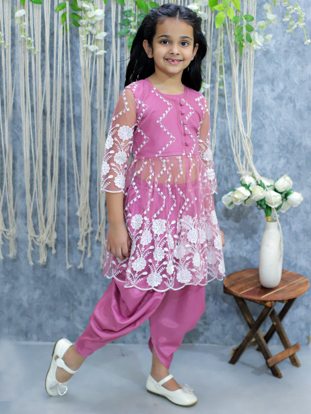 BownBee Embroidered Jacket with Top and Dhoti Set for Girls - Mauve