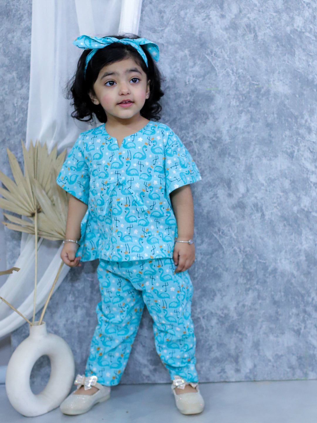 BownBee Pure Cotton Printed Kaftan with Pant and Headband Set - Blue