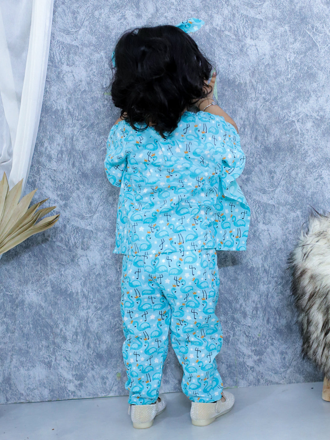 BownBee Pure Cotton Printed Kaftan with Pant and Headband Set - Blue