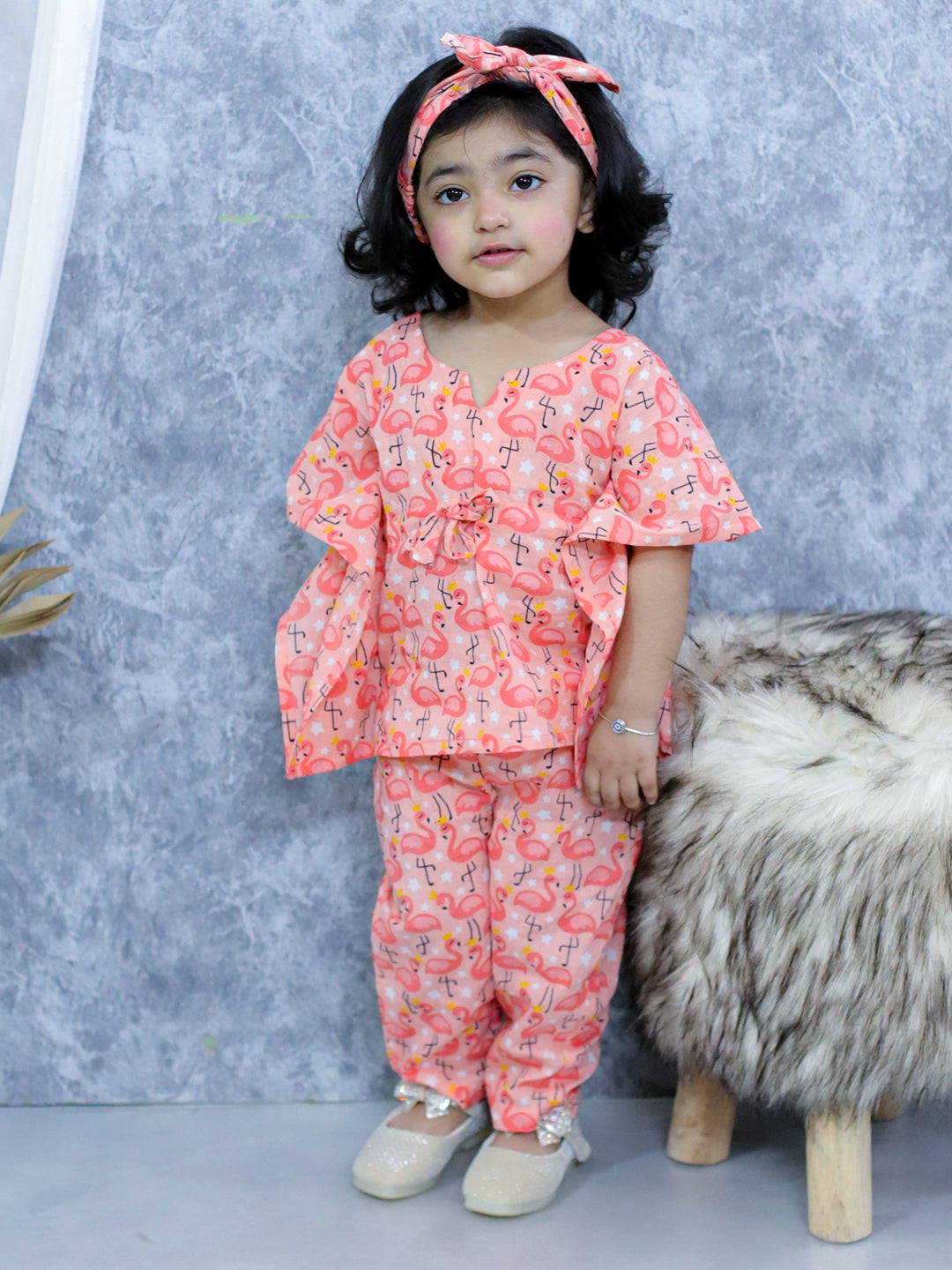 BownBee Pure Cotton Printed Kaftan with Pant and Headband Set - Pink