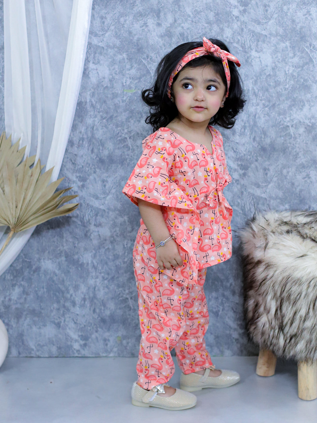 BownBee Pure Cotton Printed Kaftan with Pant and Headband Set - Pink