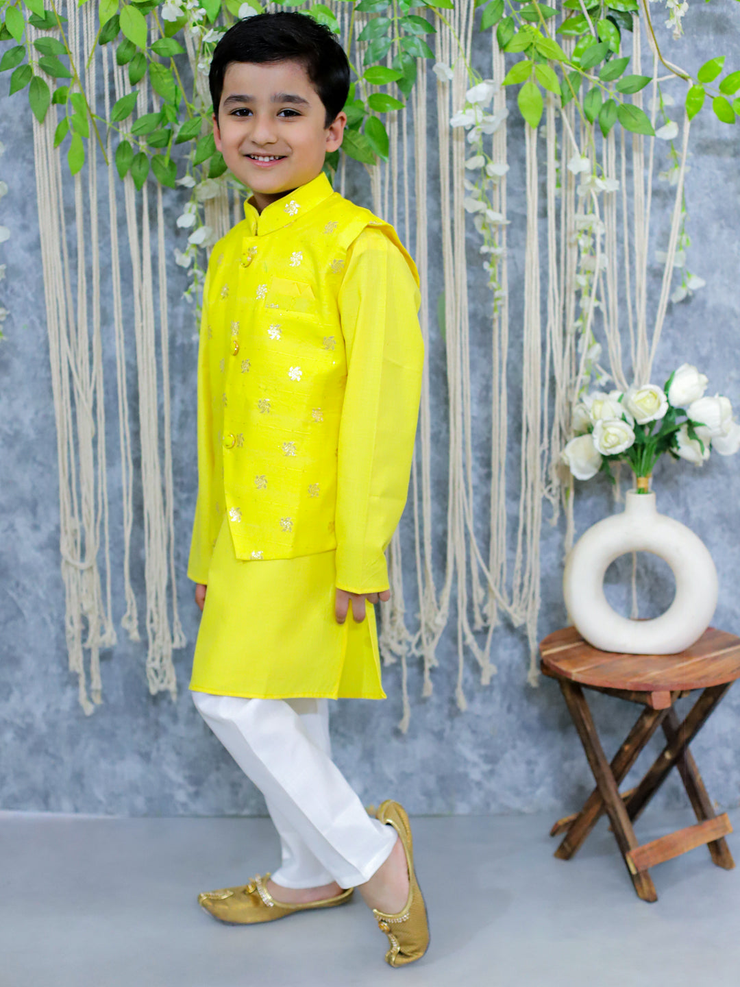 BownBee Sibling Set Jacquard Jacket with Full Sleeve Cotton Kurta Pajama for Boys and Pure Chanderi 3/4th Sleeve Top with Lehenga & Dupatta- Yellow