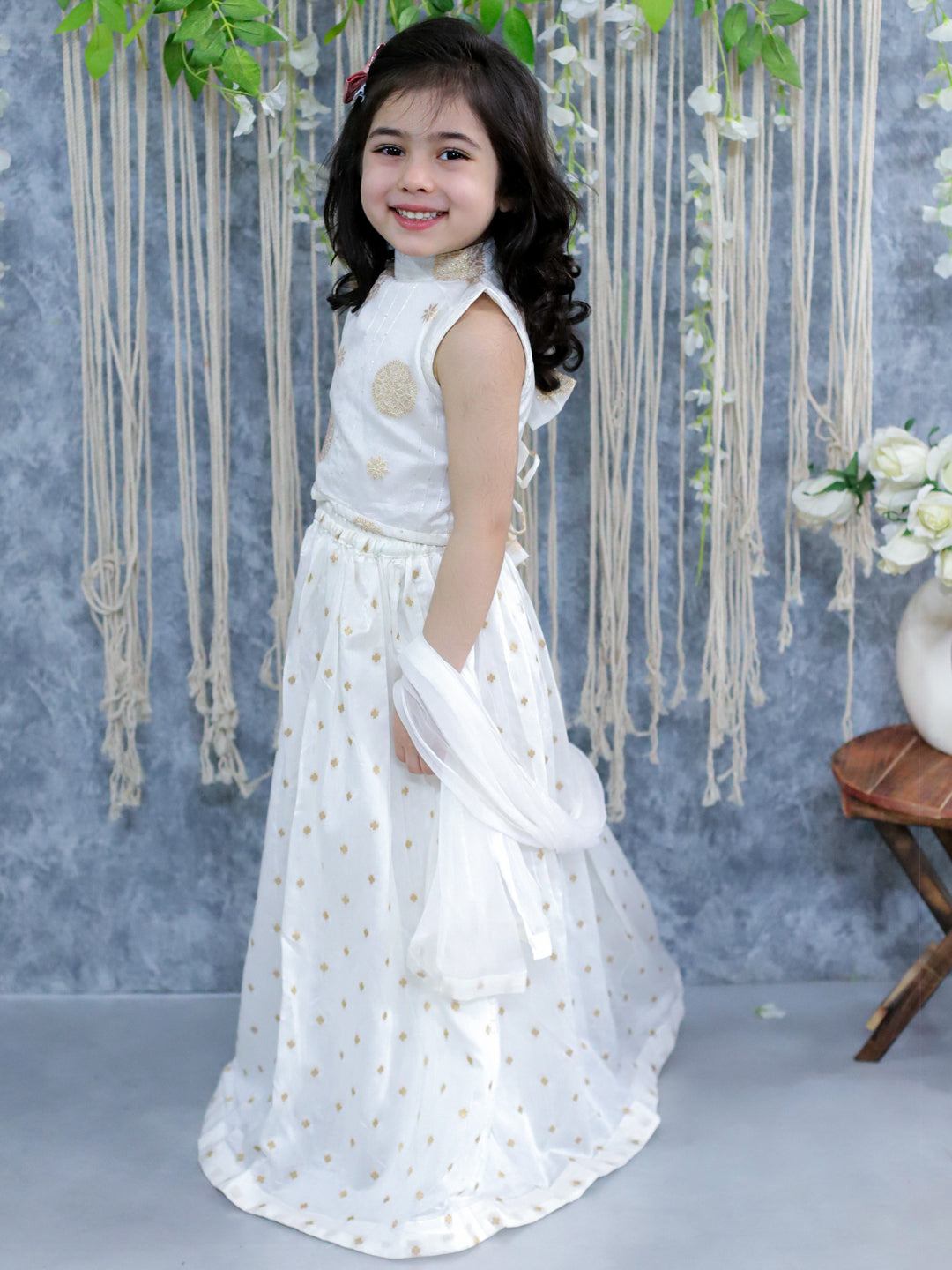 BownBee Pure Chanderi Halter Neck Top with Lehenga & Dupatta for Girls- White