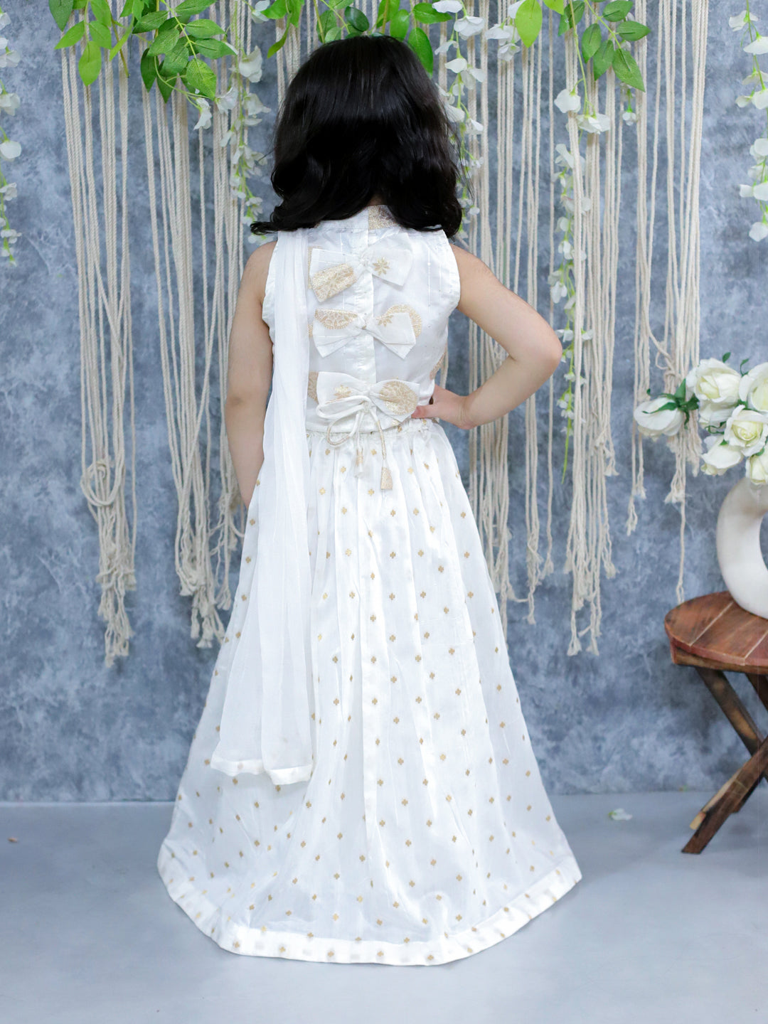 BownBee Pure Chanderi Halter Neck Top with Lehenga & Dupatta for Girls- White